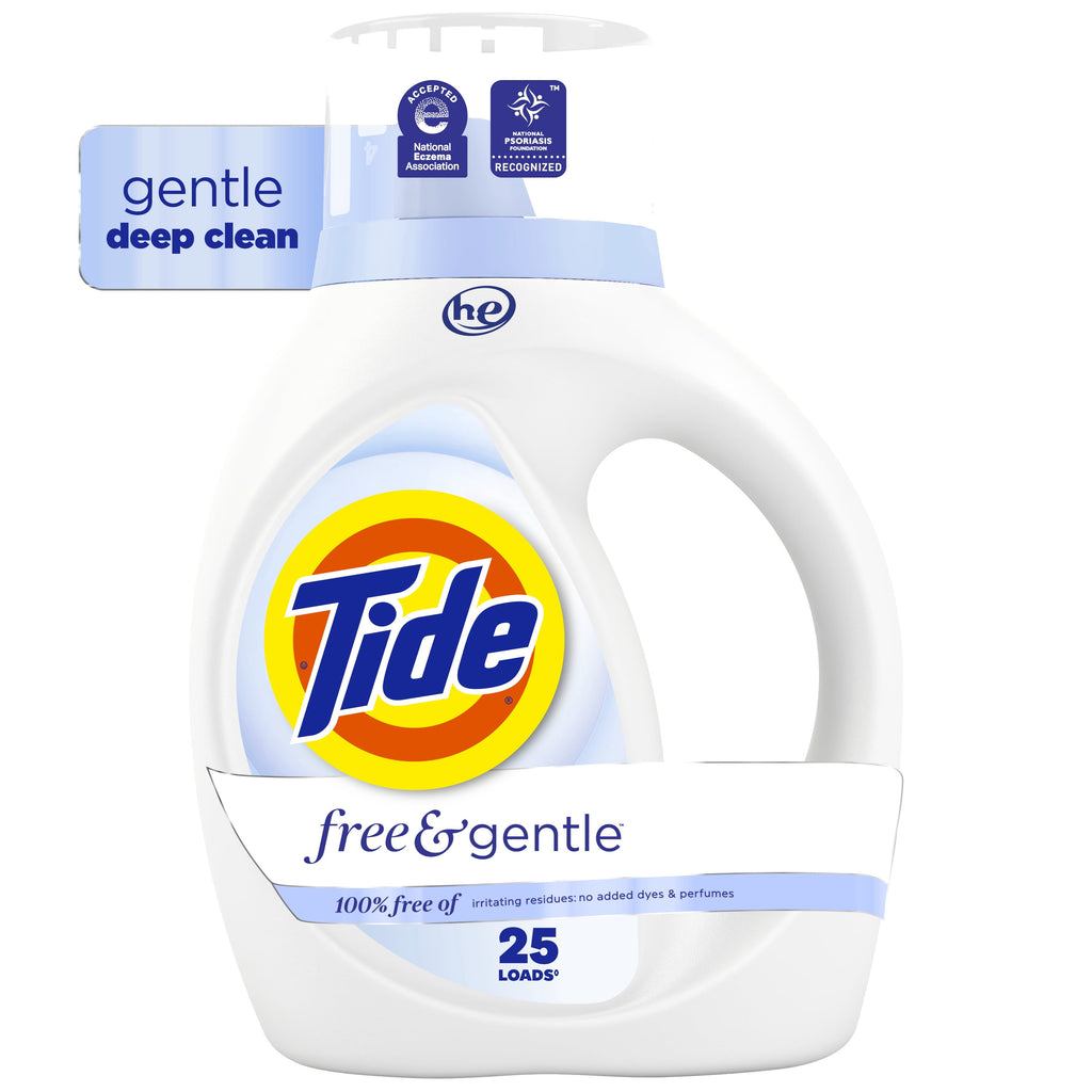 Tide Free & Gentle Laundry Detergent Liquid for Sensitive Skin - Hypoallergenic, Unscented, 34 fl oz, 25 Loads - 2-Pack