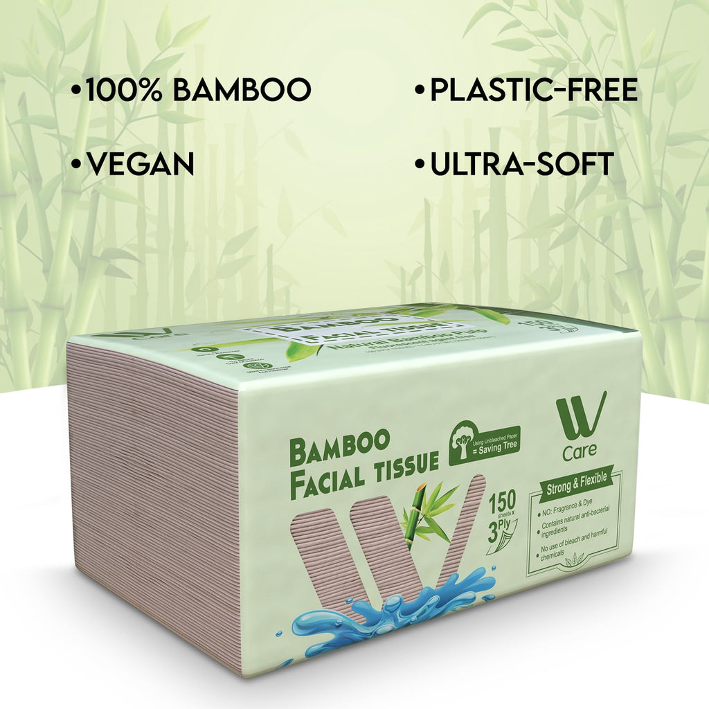 WBM 100% Bamboo Fiber 3-Ply Facial Tissues - 150 Tissues per Box, 10 Packs (1500 Total Tissues)