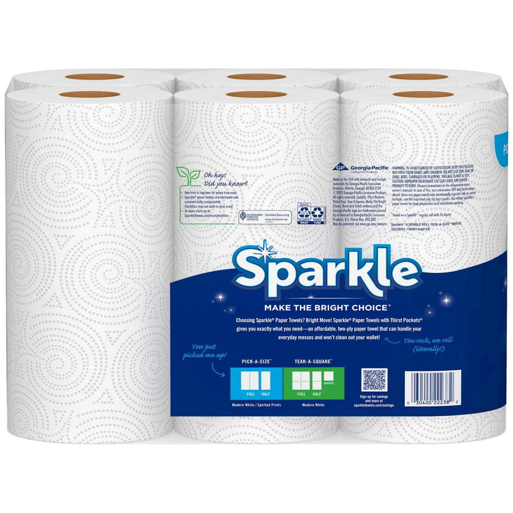 Sparkle Pick-A-Size Paper Towels - 6 Double Rolls = 12 Regular Rolls
