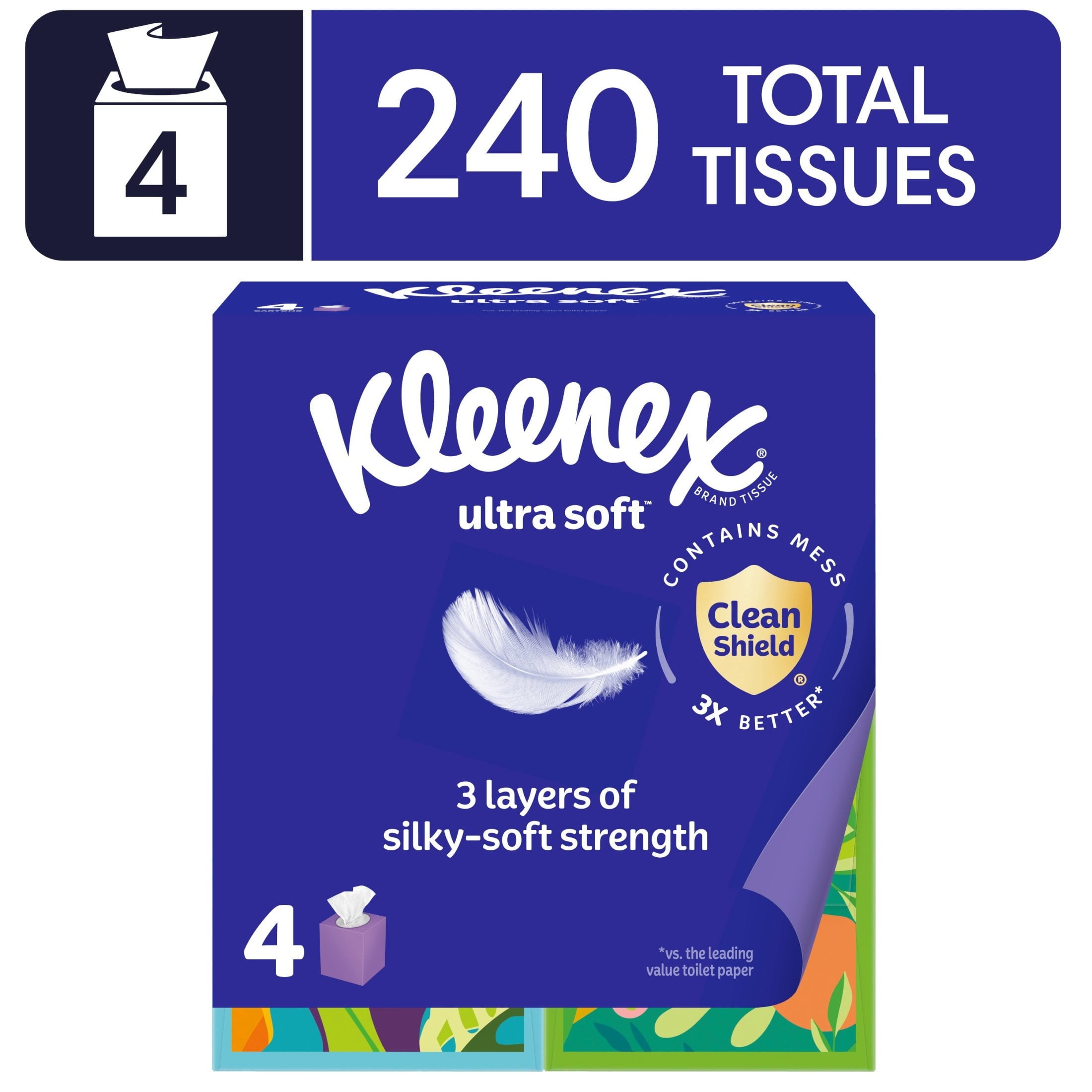 Kleenex Ultra Soft Facial Tissues - 4 Cube Boxes, 60 Tissues per Box, 3-Ply - 8-Pack