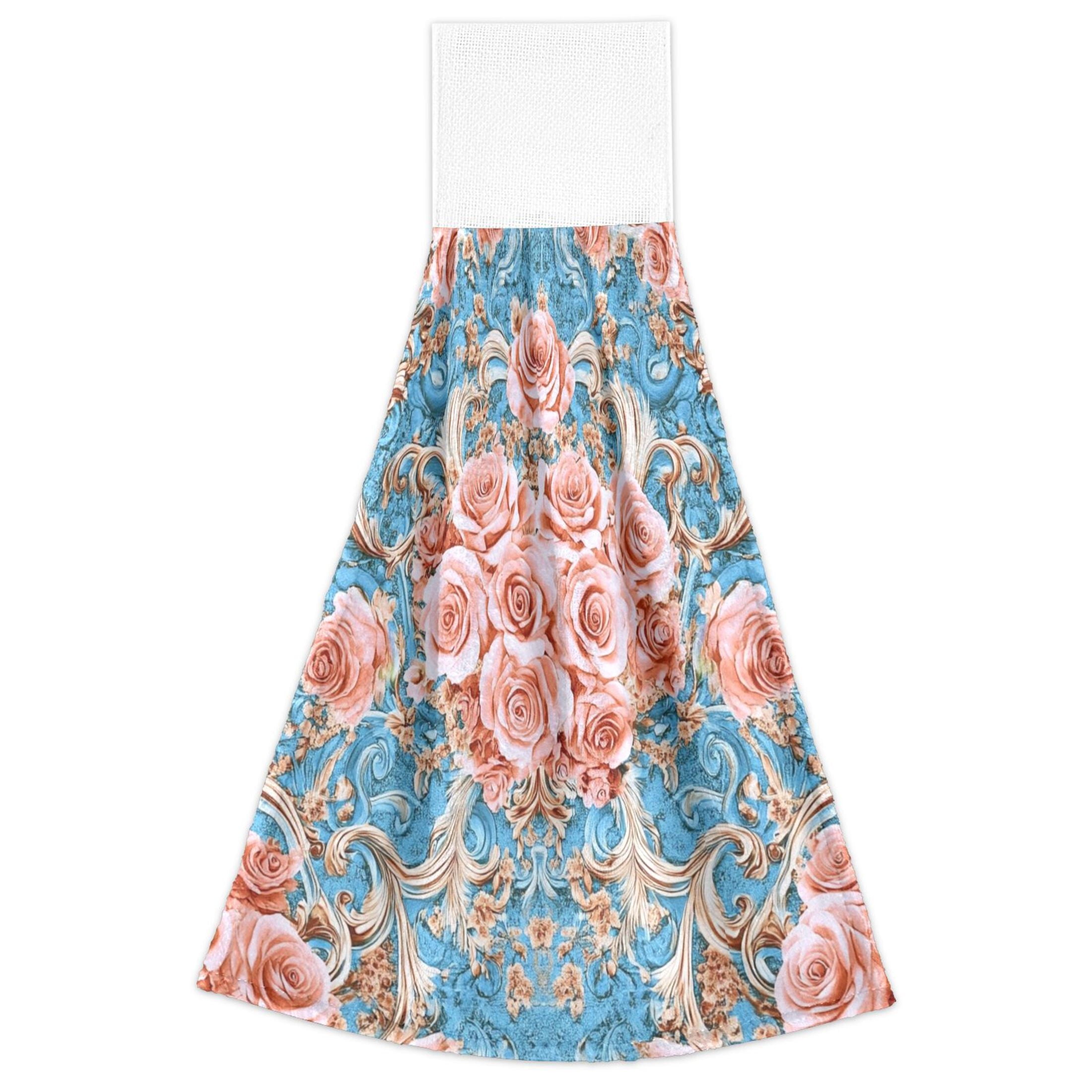BZSMCE Hanging Hand Towels Fashion Blush Roses on Aqua Pattern 2-Pack - Velcro Style Bathroom Kitchen Towels