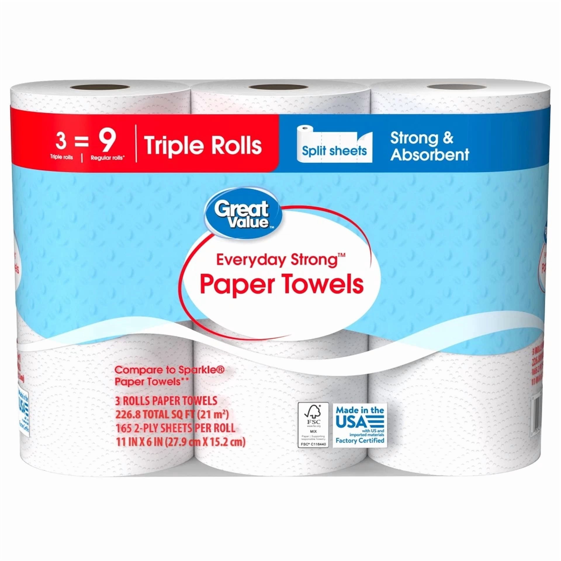 ELVY- Everyday Strong Paper Towels - Split Sheets, 3 Triple Rolls, Compare To Sparkle