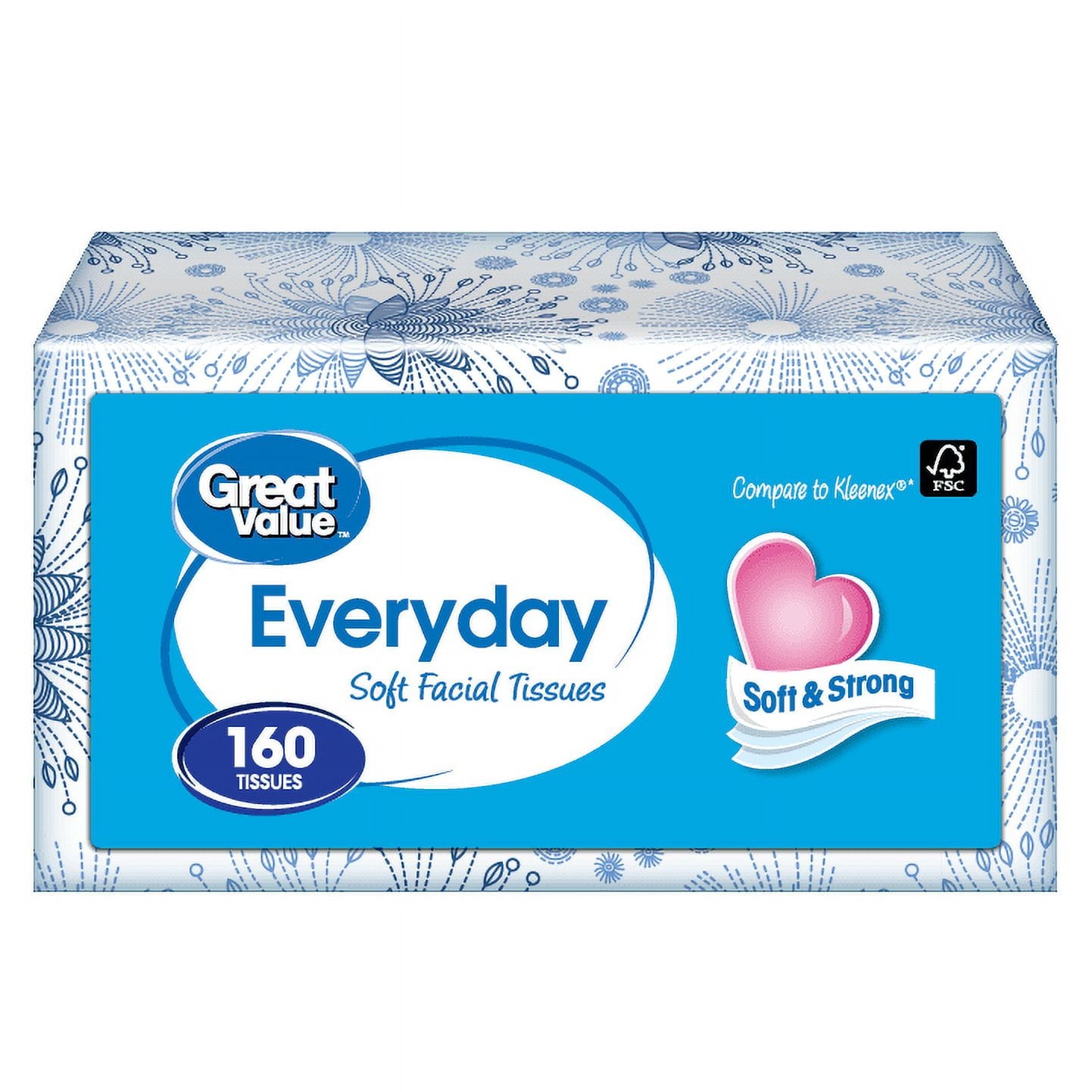 Great Value Everyday Soft Facial Tissues - 2 Flat Cartons, 160 Tissues per Carton, 2-Ply, Compare to Kleenex® - 12-Pack