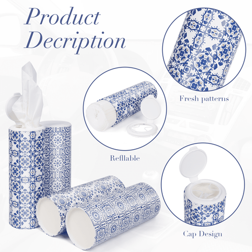 Clover Cylinder Facial Tissues for Car or Small Space，4 Tubes 3-Ply White & Blue Car Tissus for Travel