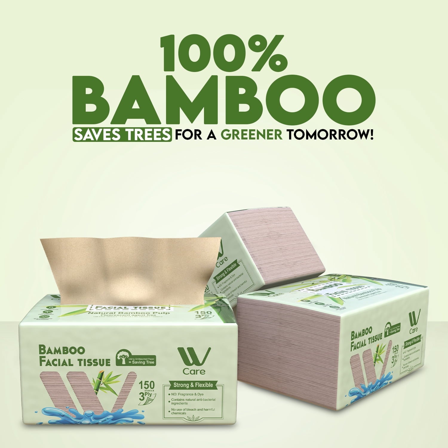 WBM 100% Bamboo Fiber 3-Ply Facial Tissues - 150 Tissues per Box, 10 Packs (1500 Total Tissues)