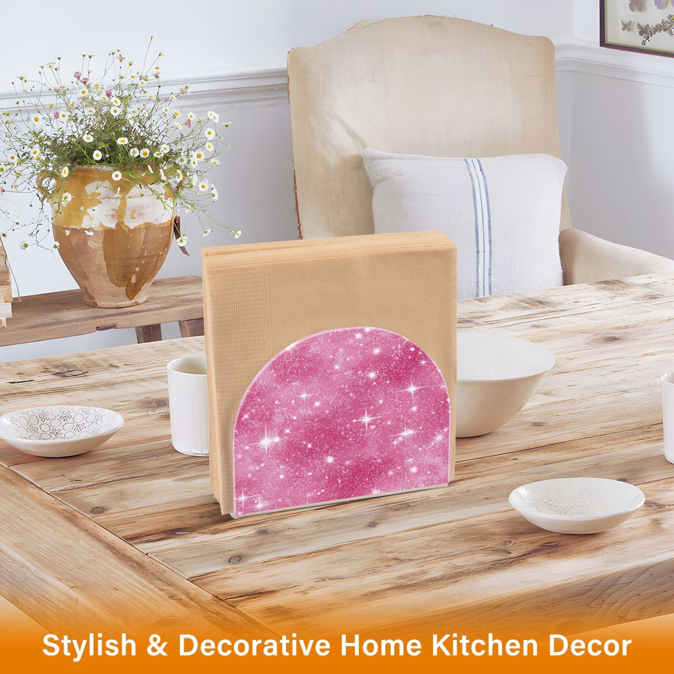 Napkin Holder for Table Kitchen Paper Tissue Organization Standing Paper Napkin Storage Pink Glitter Background