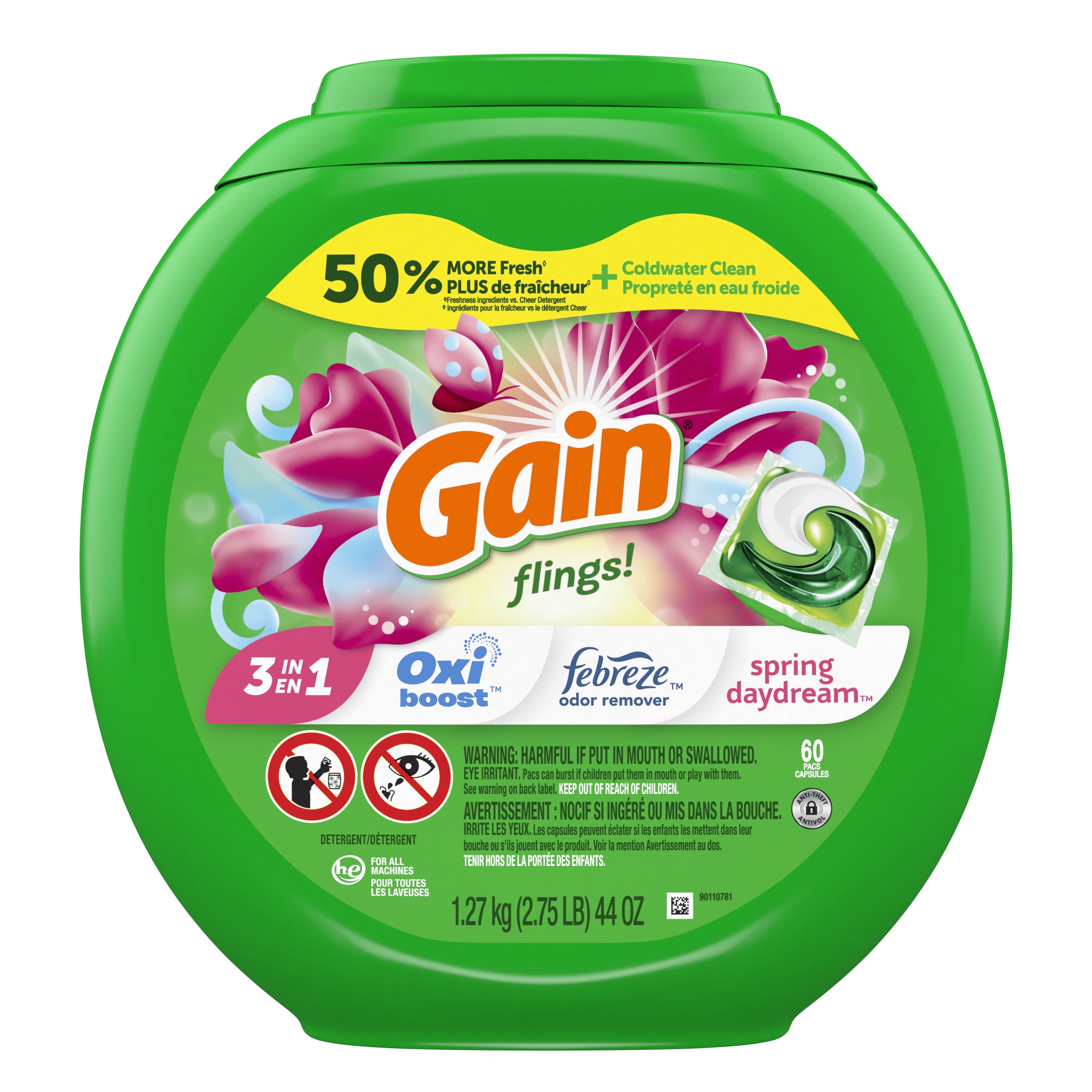 Gain Flings Liquid Laundry Detergent Pacs - Spring Daydream Scent, 60 Count