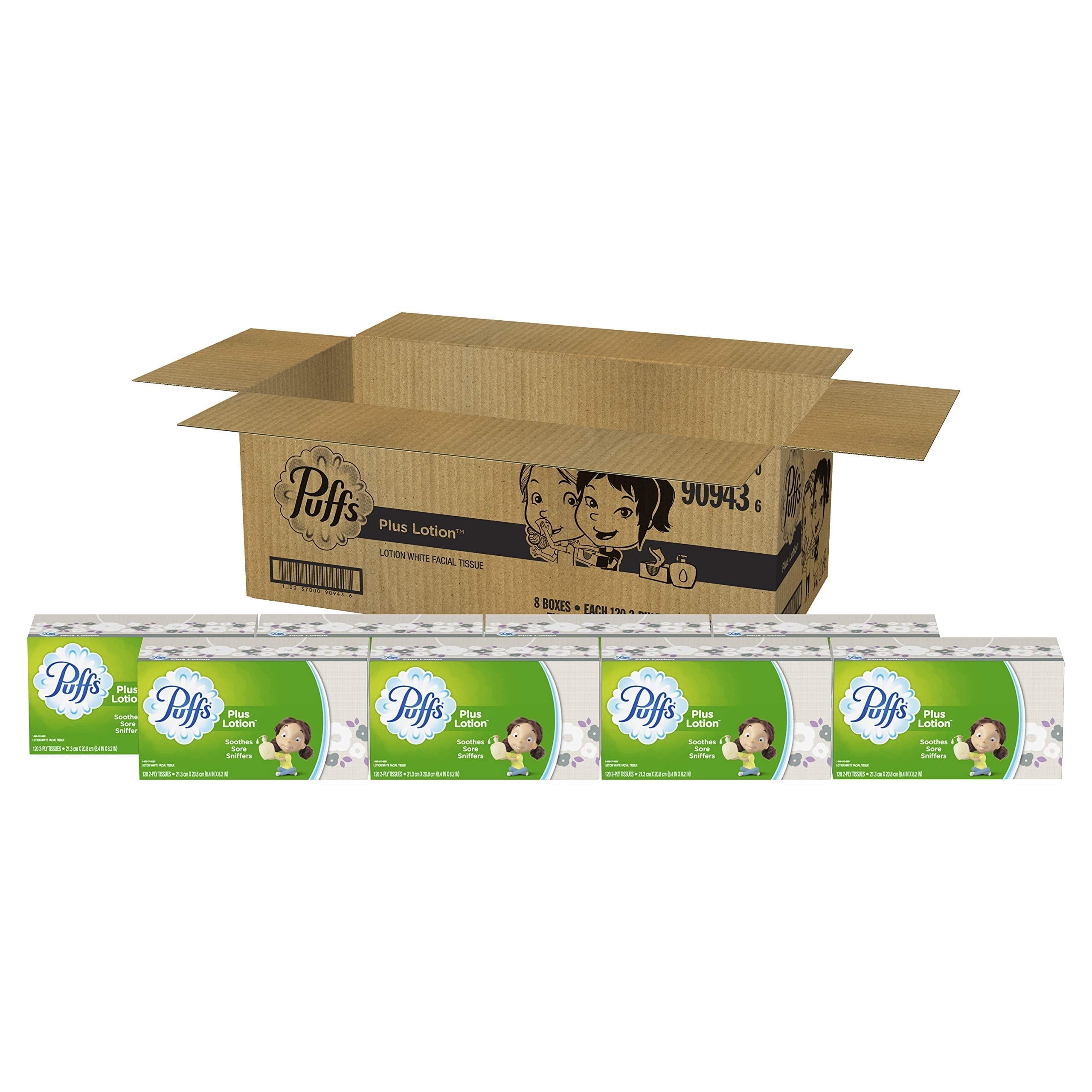 Puffs Plus Lotion Facial Tissues - 8 Family Boxes, 120 Tissues Per Box, 960 Tissues Total