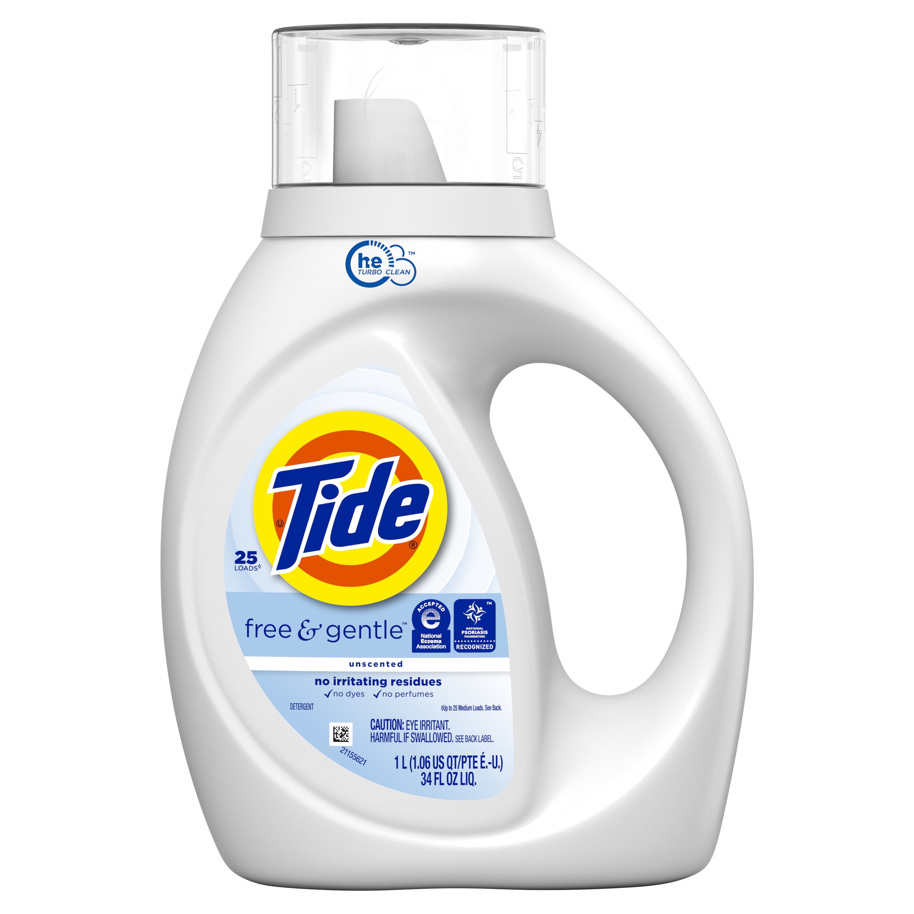 Tide Free & Gentle Laundry Detergent Liquid for Sensitive Skin - Hypoallergenic, Unscented, 34 fl oz, 25 Loads - 2-Pack