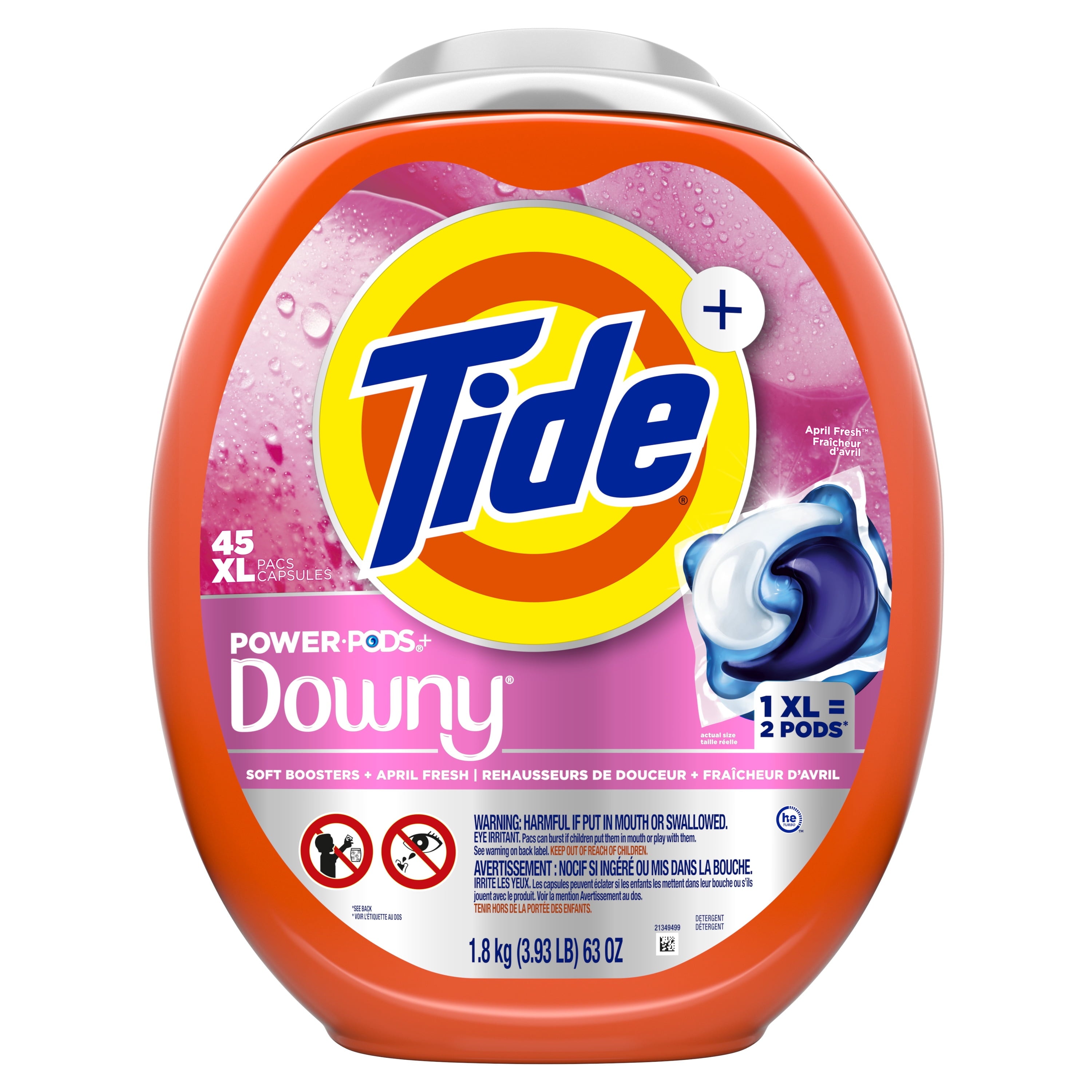 Tide Power PODS Laundry Detergent Pacs with Downy Soft Boosters - April Fresh Scent, 45 Count