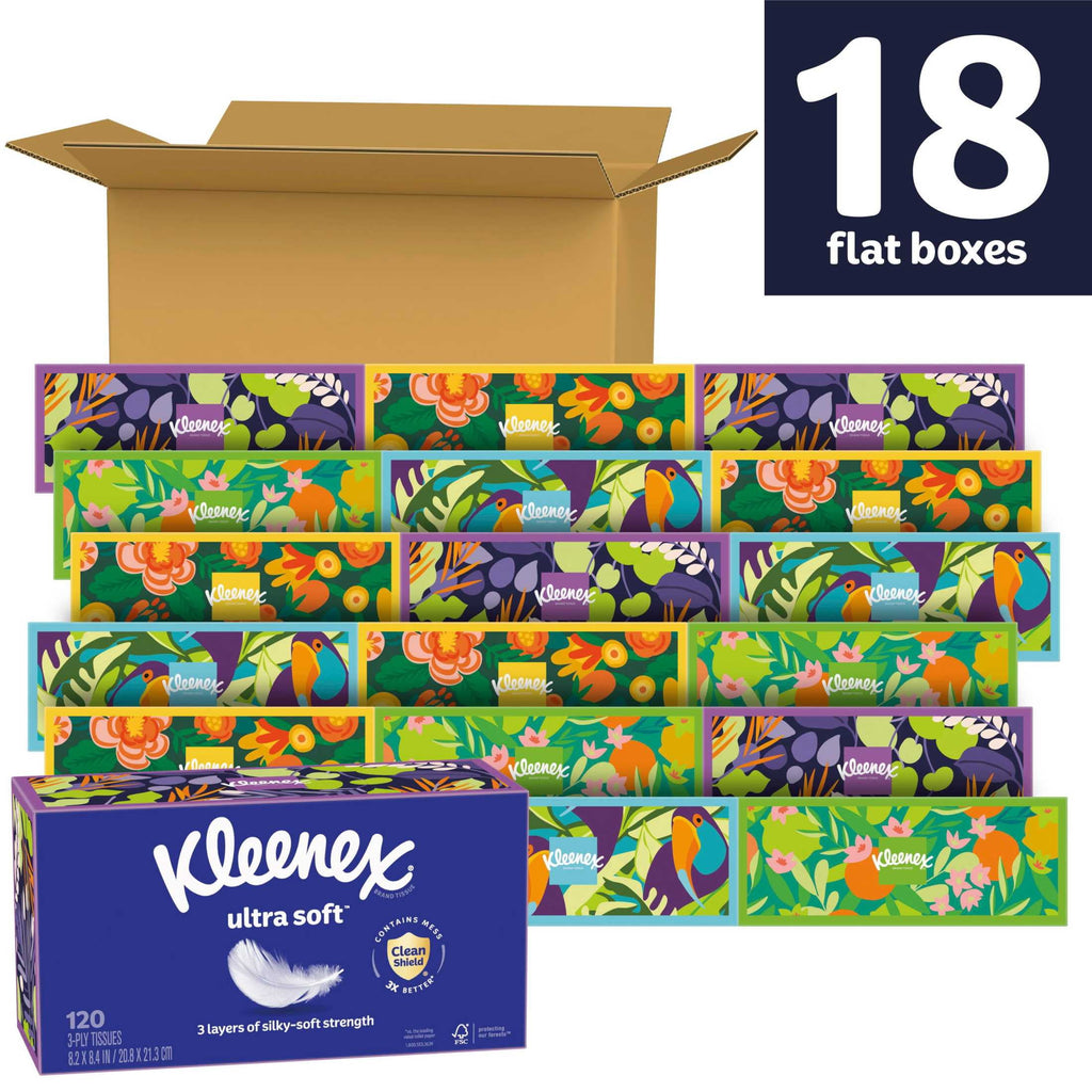 Kleenex Ultra Soft Facial Tissues - 18 Flat Boxes, 120 Tissues per Box, 3-Ply