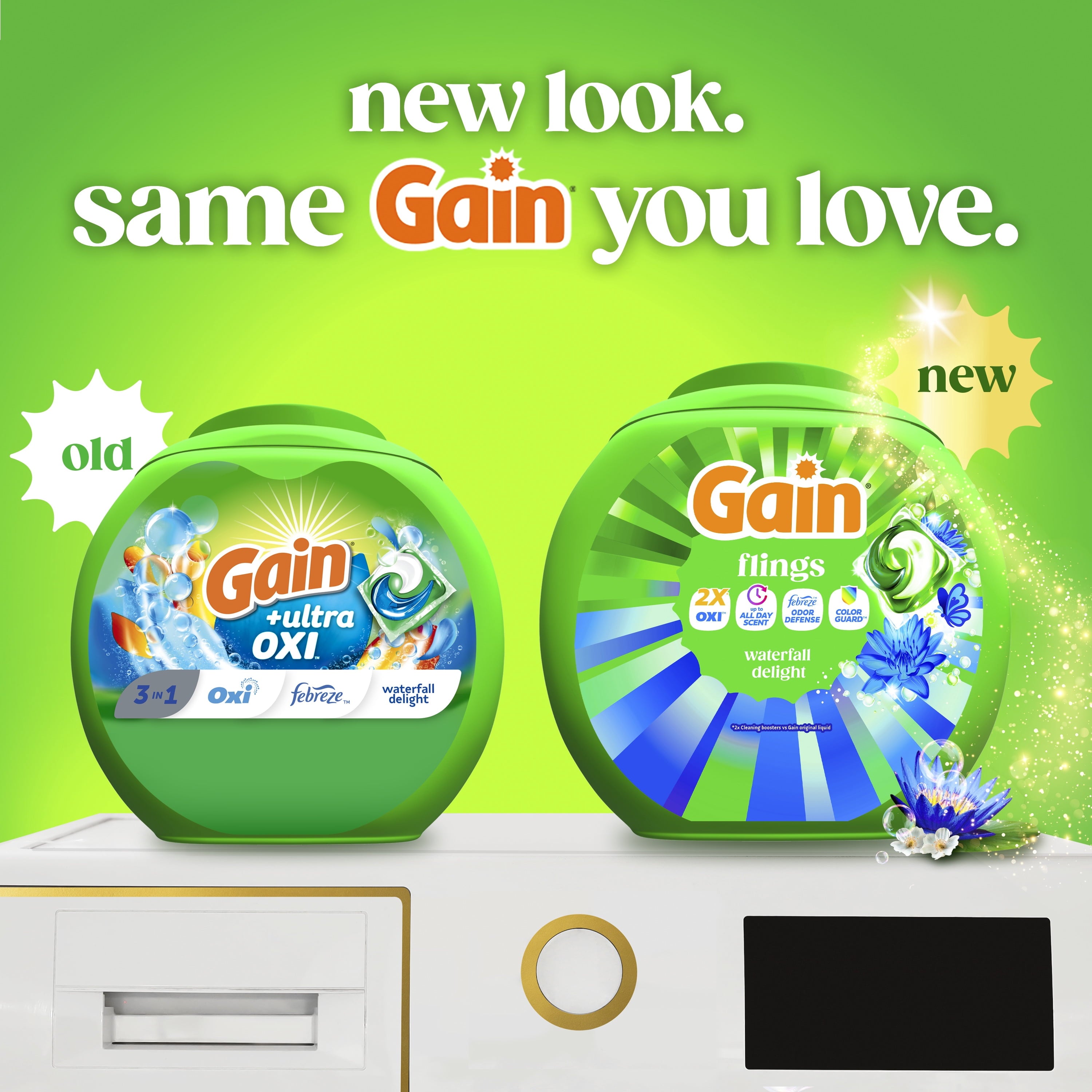 Gain Flings Liquid Washing Detergent pacs - Now with Odor Defense + Color Guard, Waterfall Delight Scent, 42 Count, 4-In-1 liquid laundry detergent pacs, clean & fresh