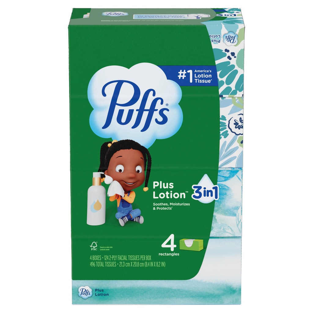 Puffs Plus Lotion Facial Tissues - 4 Family Boxes, 124 tissues per box