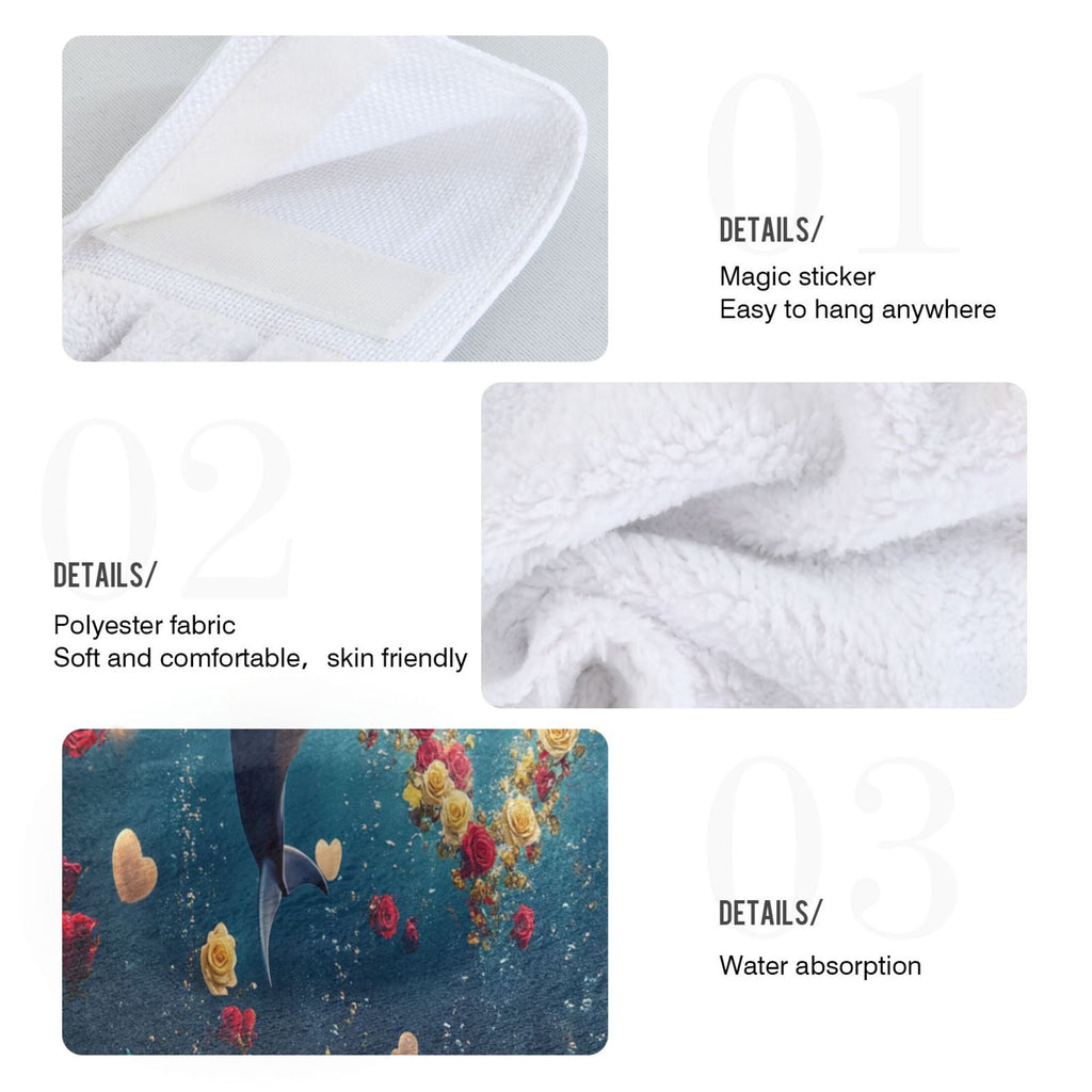 BZSMCE Hanging Hand Towels Fashion Dolphins Heart Roses Pattern 2-Pack - Velcro Style Bathroom Kitchen Towels