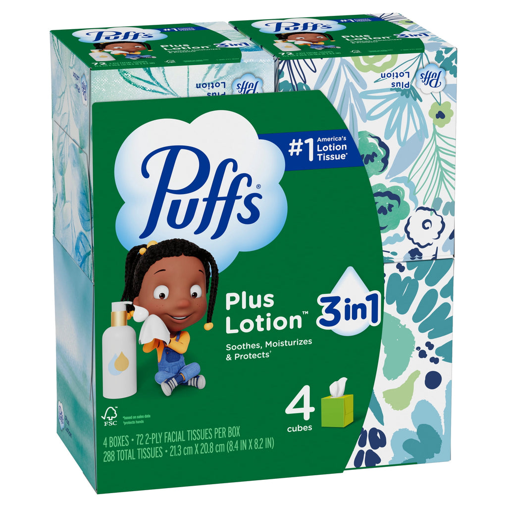 Puffs Facial Tissue Plus Lotion - 4 Mega Cube Boxes, 72 Tissues Per Box