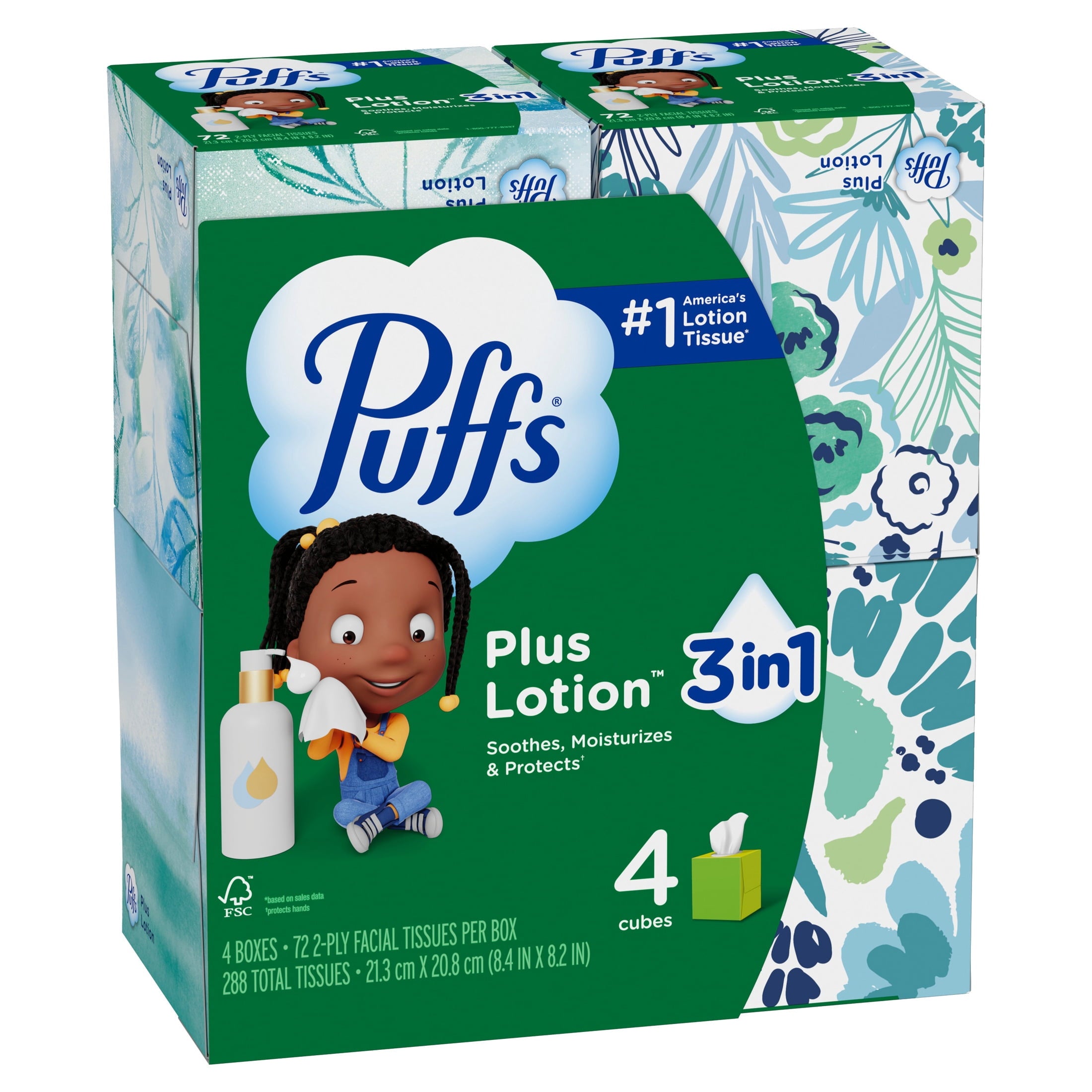 Puffs Facial Tissue Plus Lotion - 4 Mega Cube Boxes, 72 Tissues Per Box