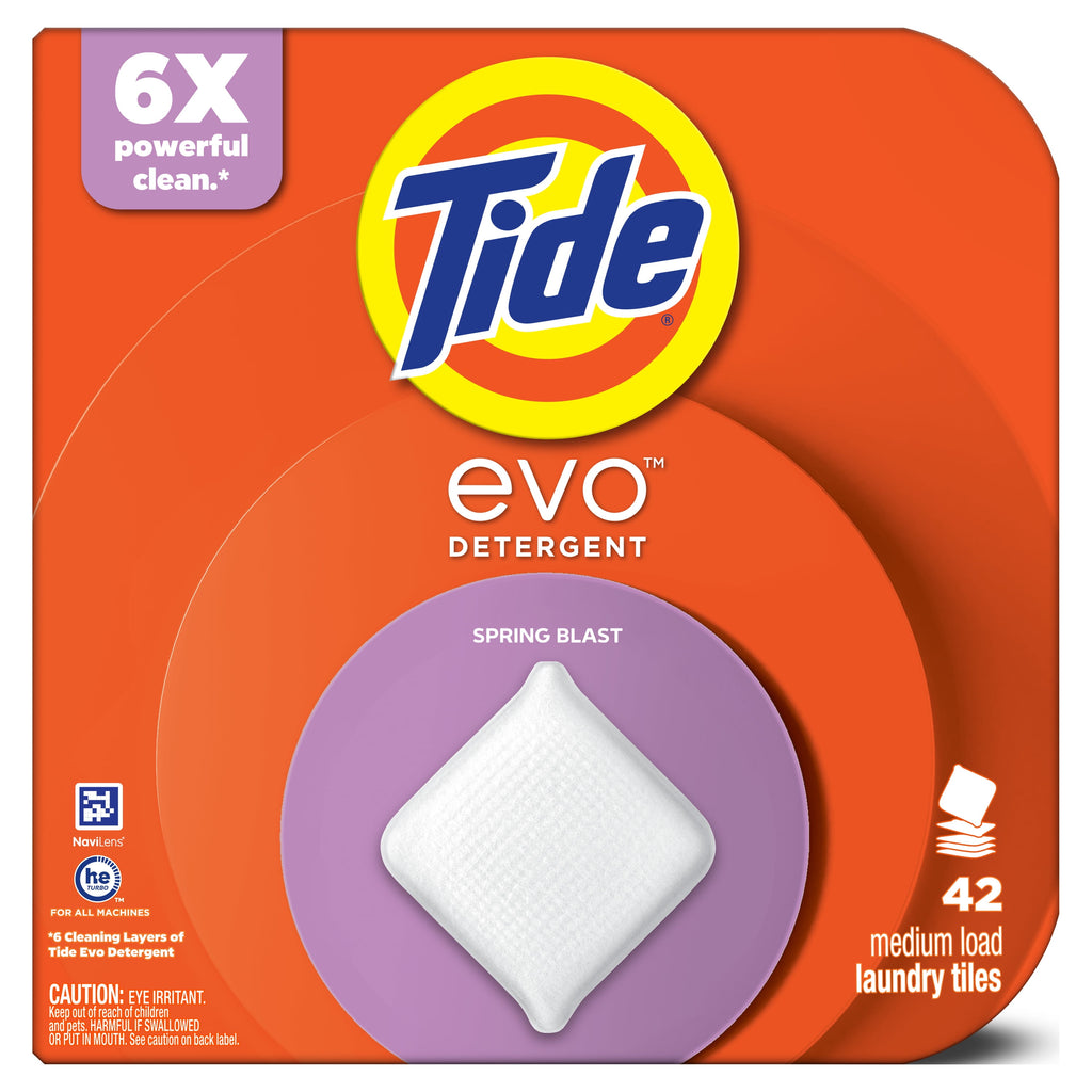 Tide Evo Laundry Detergent Tiles - 100% Concentrated, 6X Cleaning Power, Spring Blast Scent, 42 Count