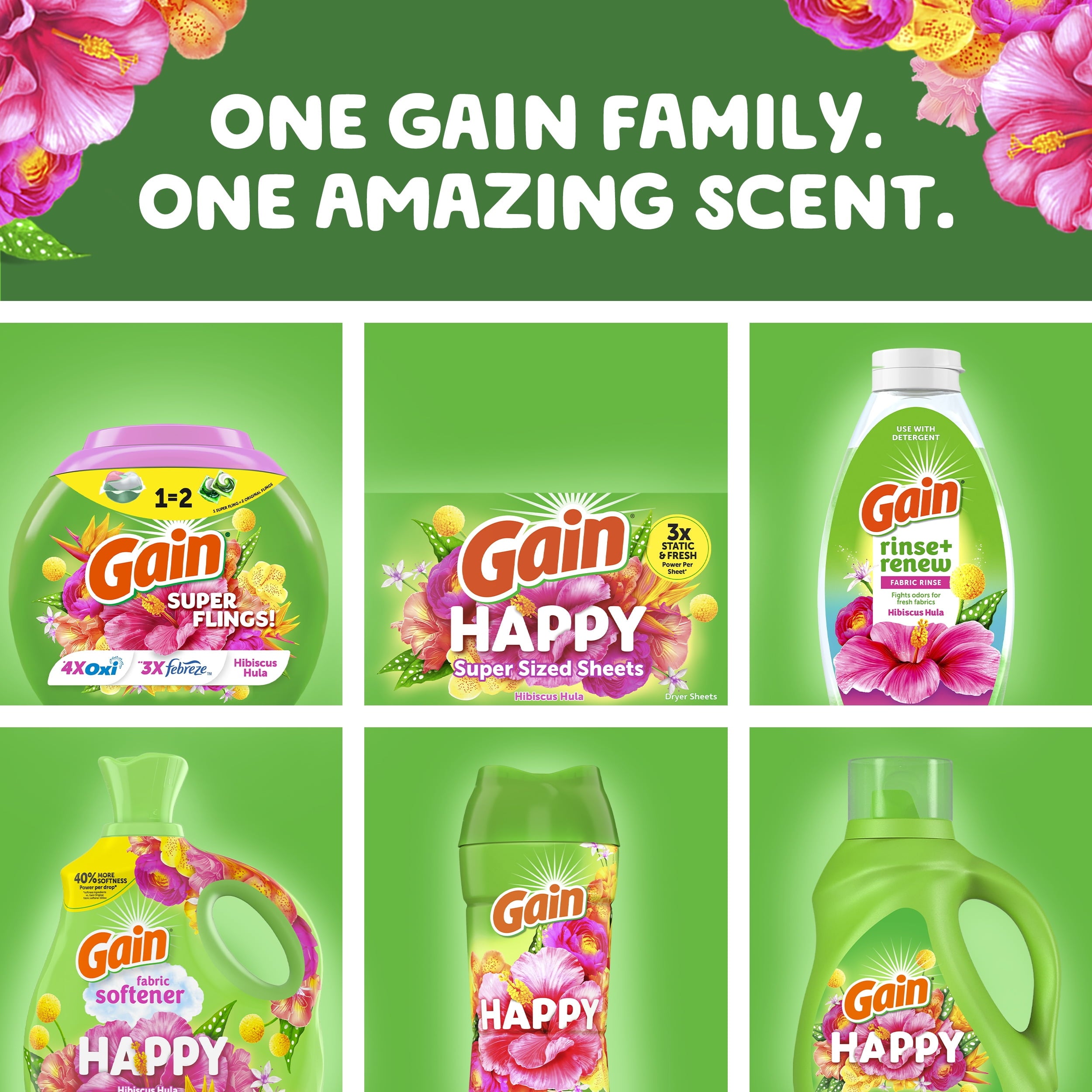 Gain Plus Flings Laundry Detergent Soap Pacs - All-In-One, Happy Hibiscus Scent, 18 Count
