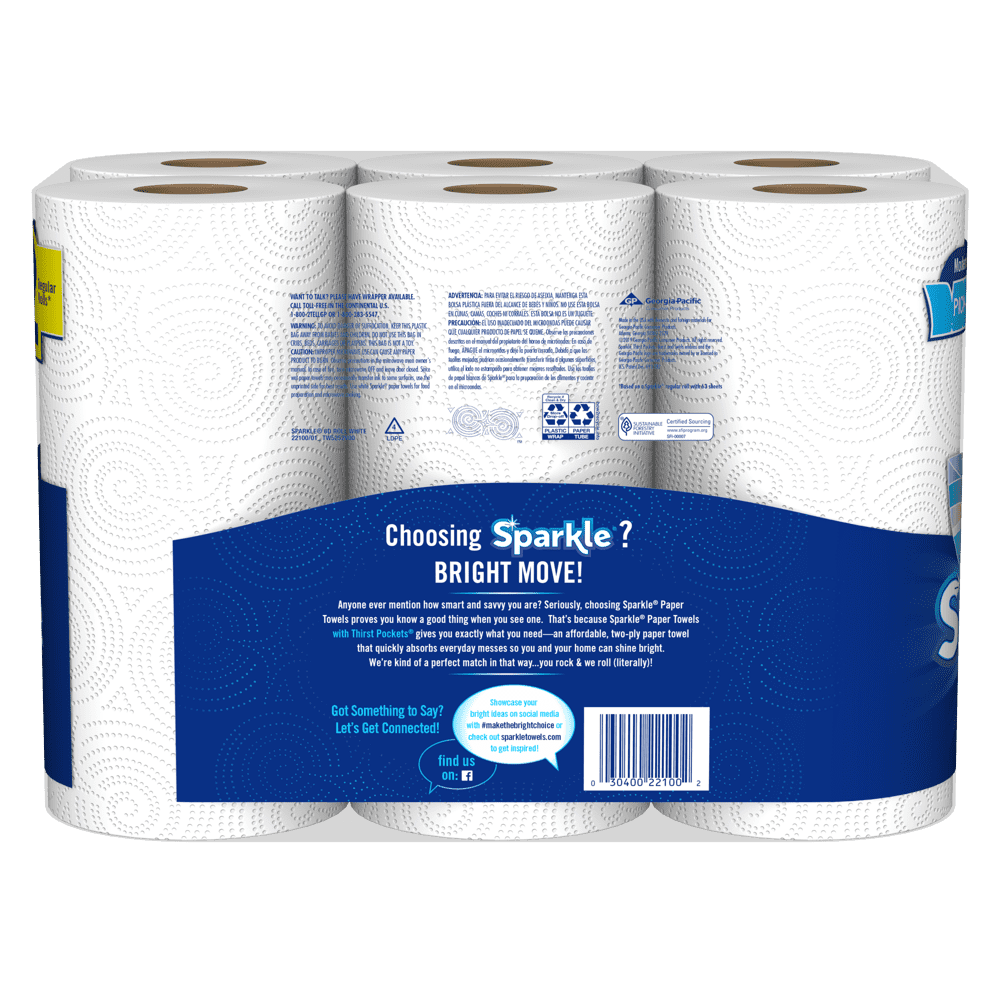 Sparkle Pick-A-Size Paper Towels - White, 6 Double Rolls = 12 Regular Rolls, 126 2-Ply Sheets Per Roll
