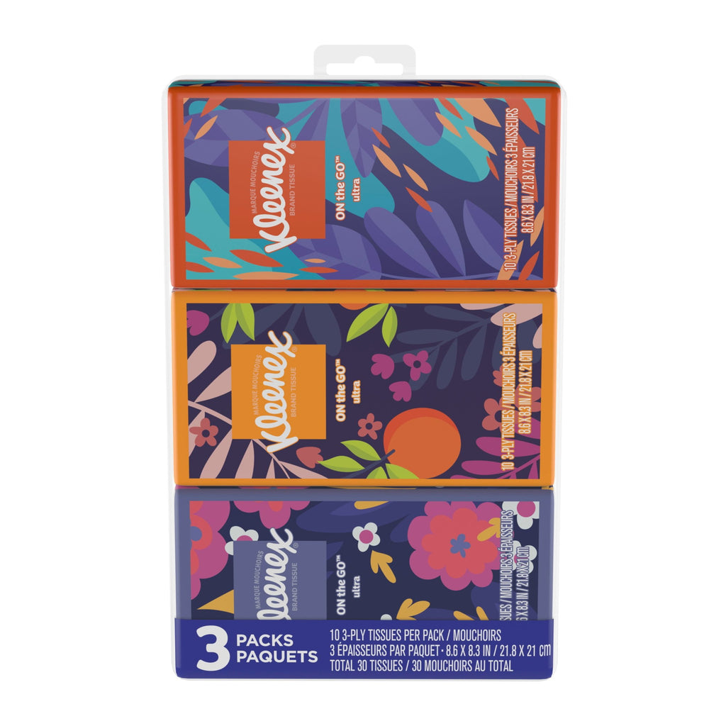 Kleenex On-The-Go Facial Tissues - 3 On-The-Go Packs, 10 Tissues per Pack, 3-Ply