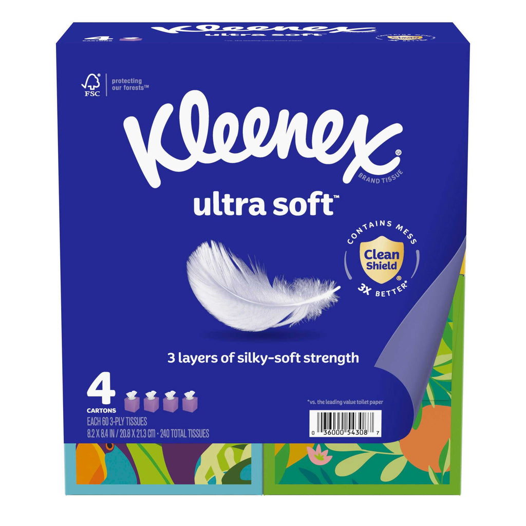 Kleenex Ultra Soft Facial Tissues - 4 Cube Boxes, 60 Tissues per Box, 3-Ply