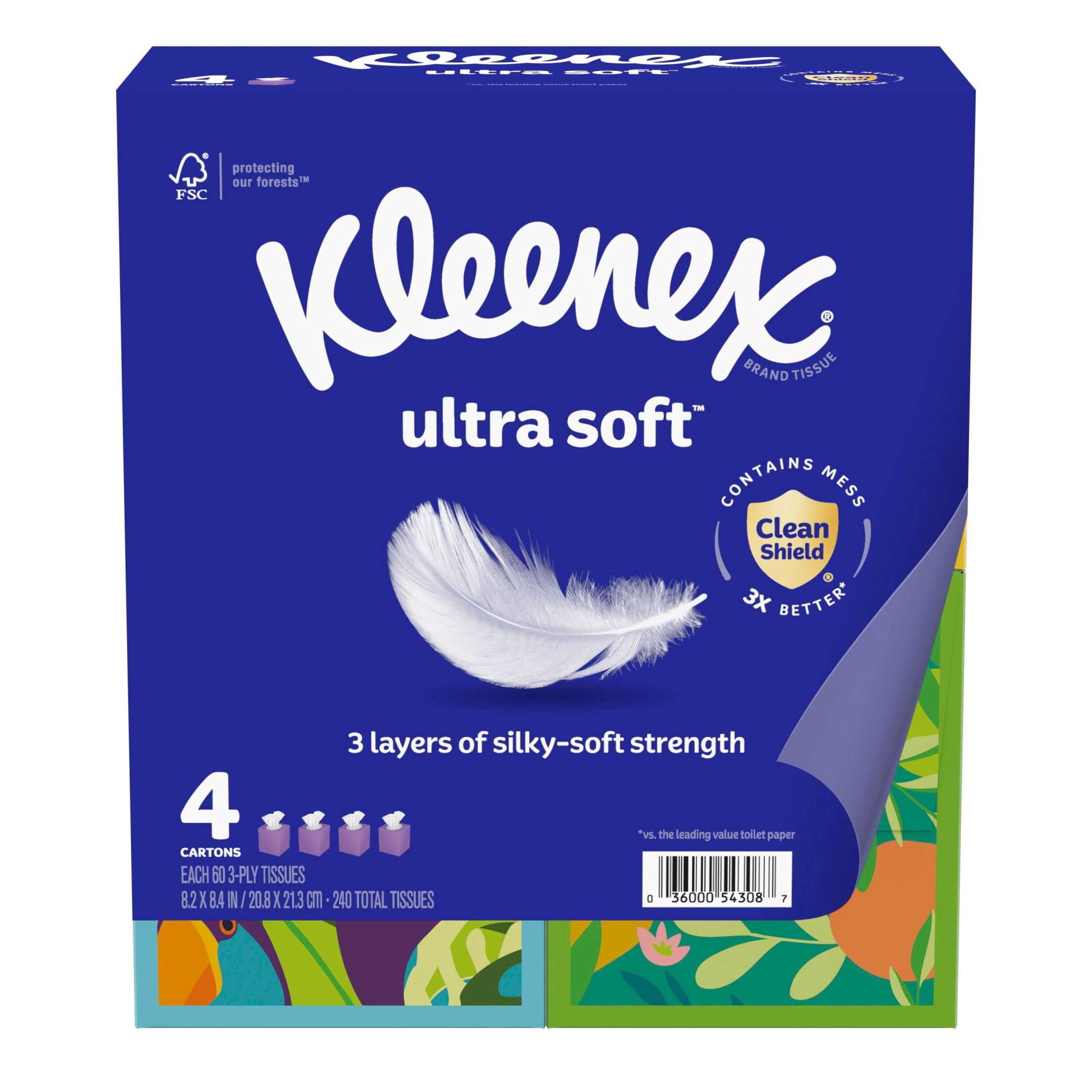 Kleenex Ultra Soft Facial Tissues - 4 Cube Boxes, 60 Tissues per Box, 3-Ply