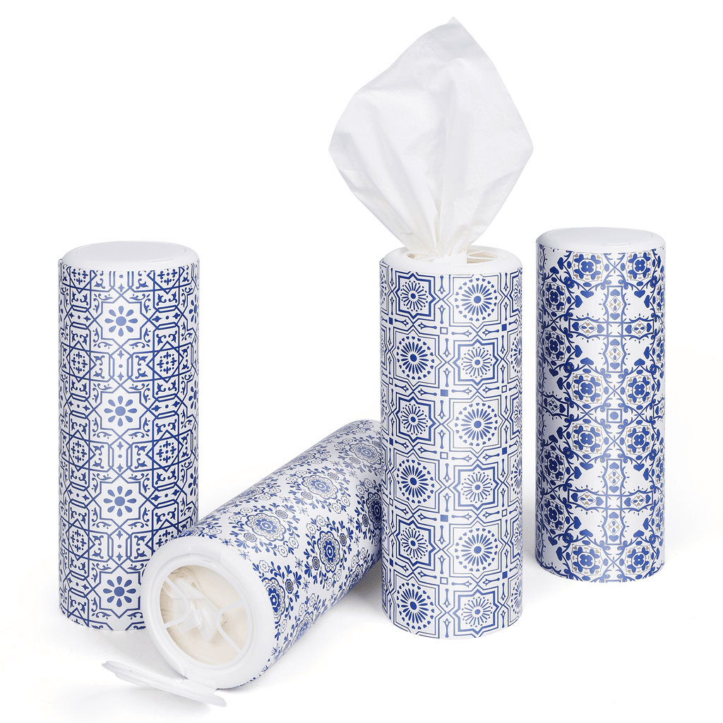 Clover Cylinder Facial Tissues for Car or Small Space，4 Tubes 3-Ply White & Blue Car Tissus for Travel
