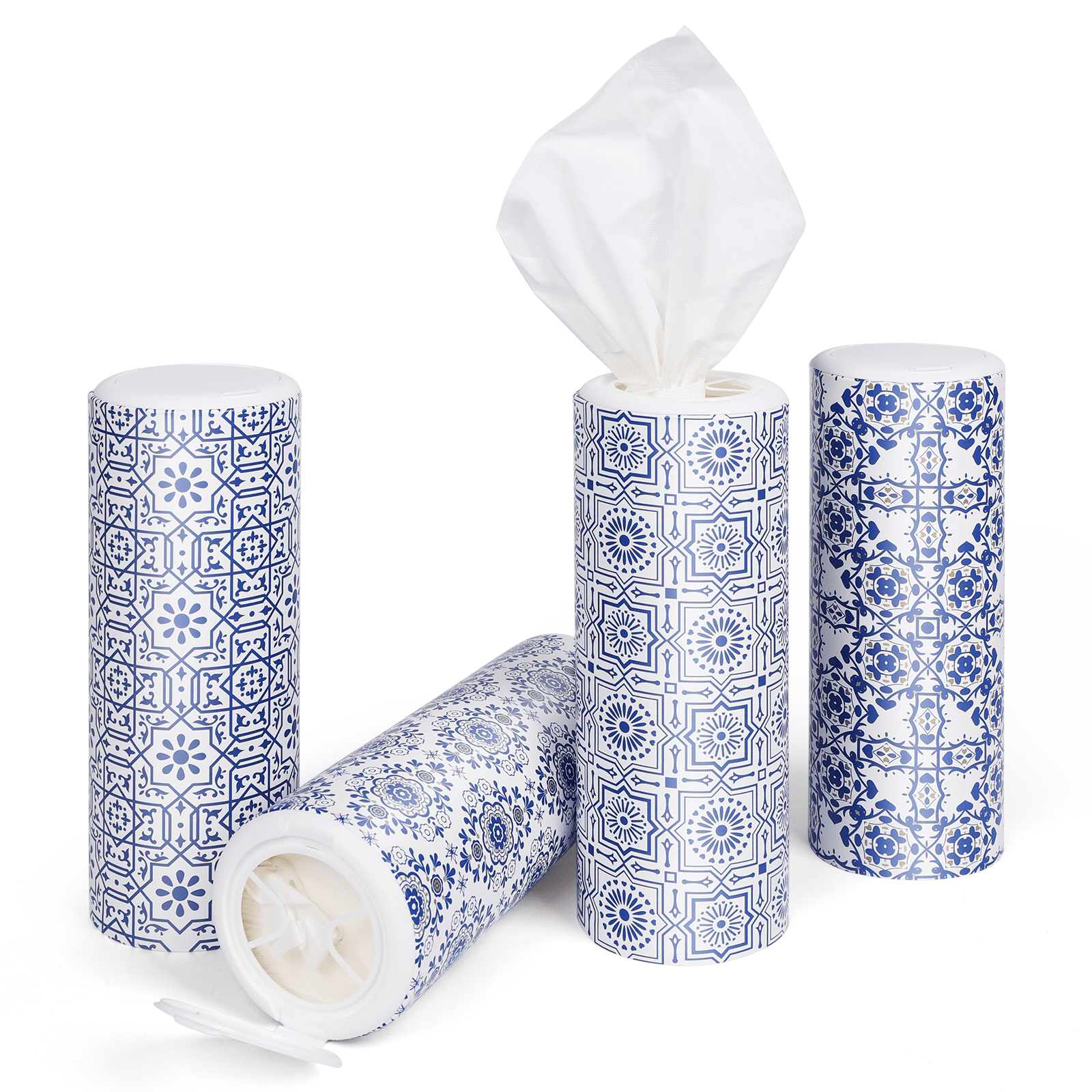 Clover Cylinder Facial Tissues for Car or Small Space，4 Tubes 3-Ply White & Blue Car Tissus for Travel