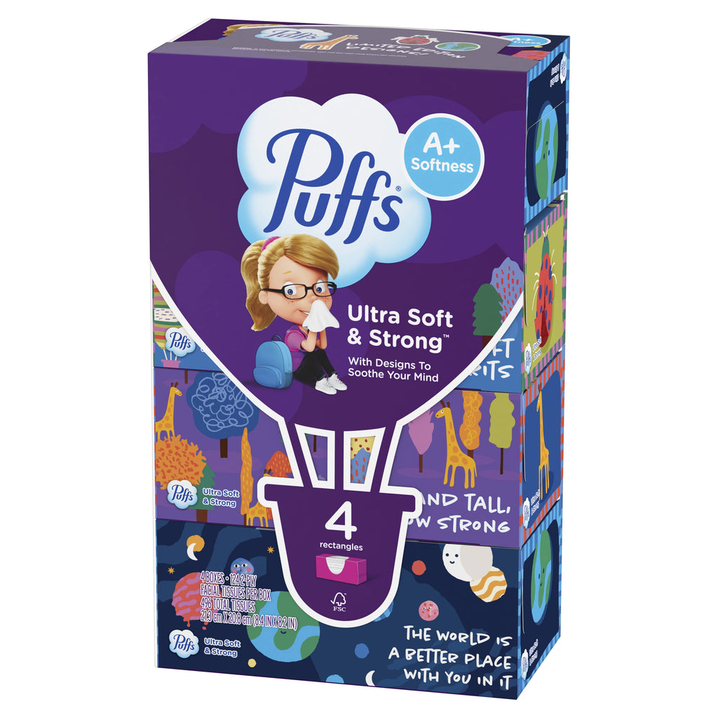 Puffs Ultra Soft Facial Tissues - Back-to-School Exclusive, 4 Rectangle Boxes, 124 Facial Tissues Per Box