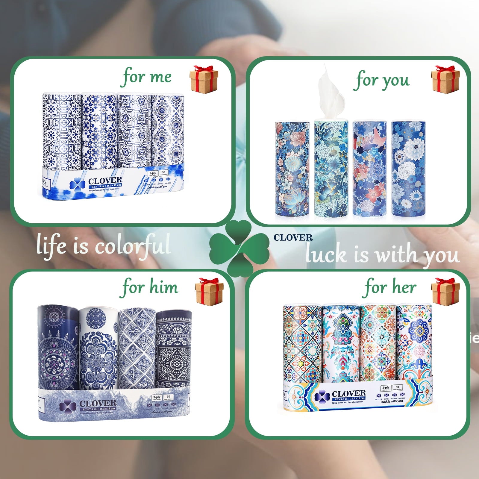 Clover Cylinder Facial Tissues for Car or Small Space，4 Tubes 3-Ply White & Blue Car Tissus for Travel