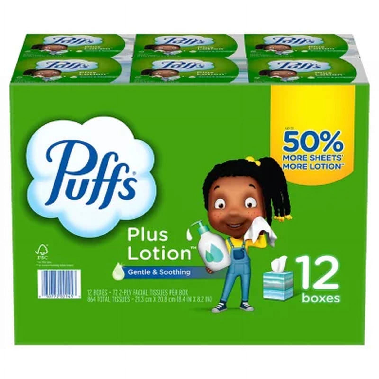 Puffs Plus Lotion 2-Ply Facial Tissues 12 Cube Boxes - 72 tissues/box