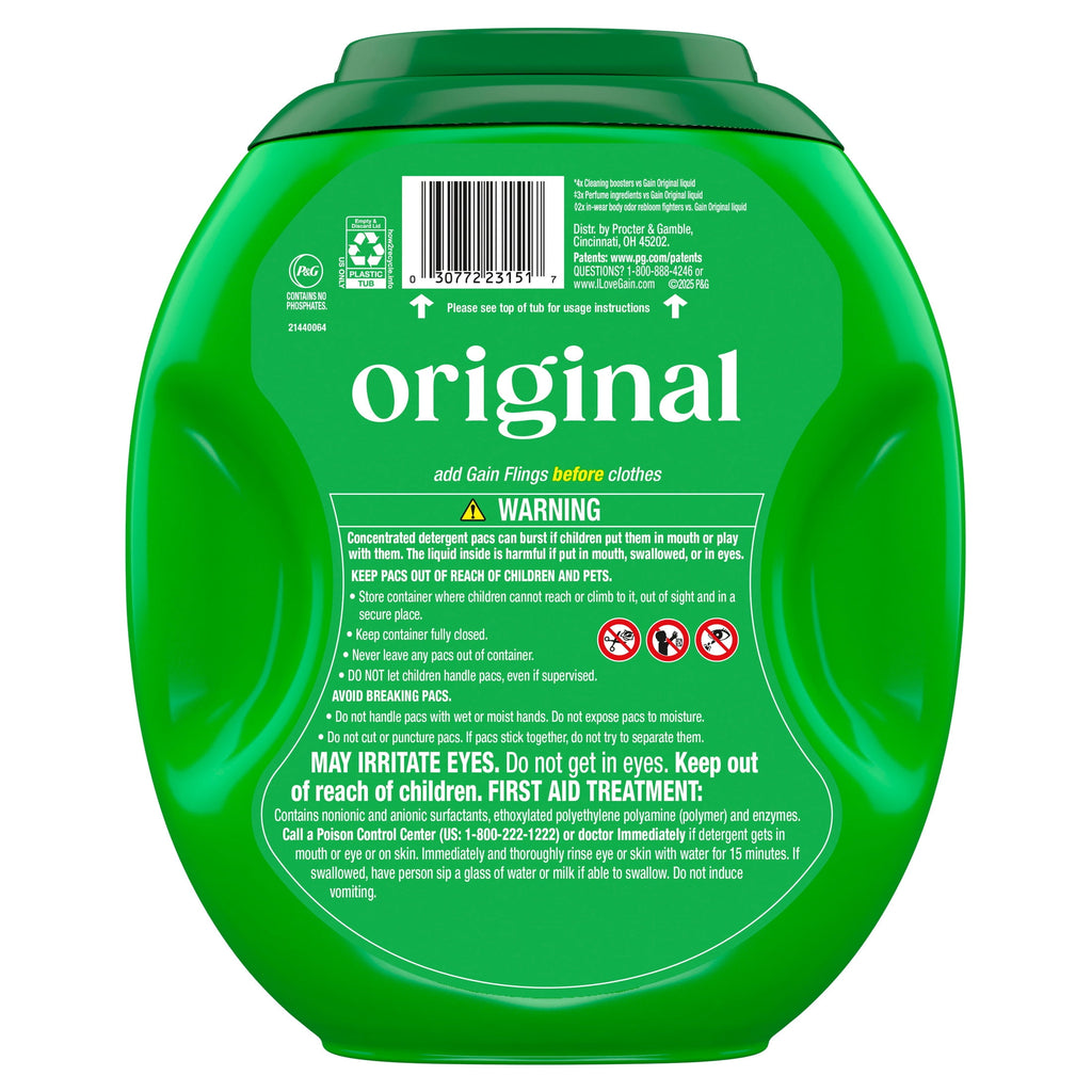 Gain Plus Flings Laundry Detergent Liquid Washing Pacs - Gain's Best All-In-One Clean, Original Scent, 45 Count