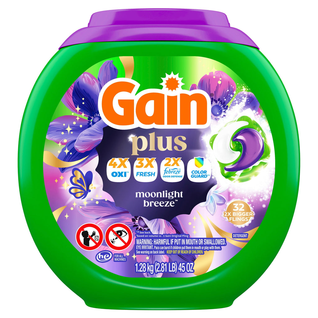Gain Plus Flings Laundry Detergent Liquid Washing Pacs - Gain's Best All-In-One Clean, Moonlight Breeze Scent, 32 Count