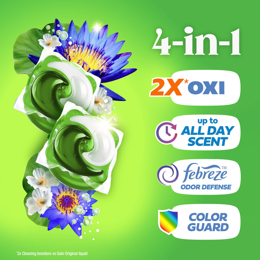 Gain Flings Liquid Washing Detergent pacs - Now with Odor Defense + Color Guard, Waterfall Delight Scent, 42 Count, 4-In-1 liquid laundry detergent pacs, clean & fresh