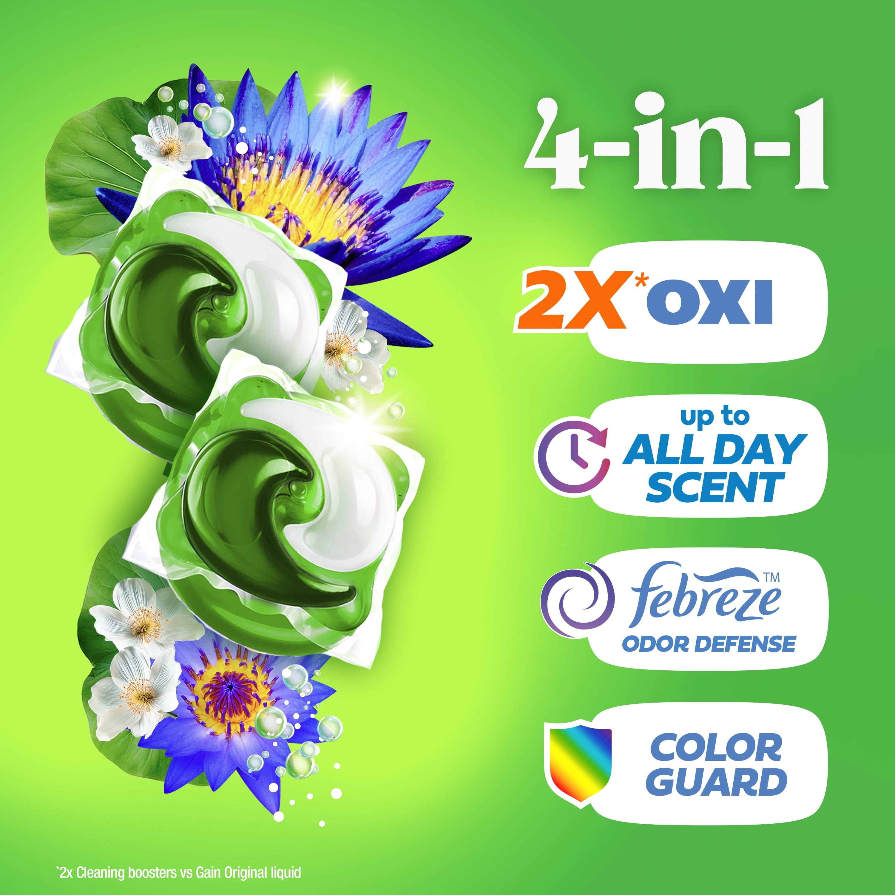 Gain Flings Liquid Washing Detergent pacs - Now with Odor Defense + Color Guard, Waterfall Delight Scent, 42 Count, 4-In-1 liquid laundry detergent pacs, clean & fresh