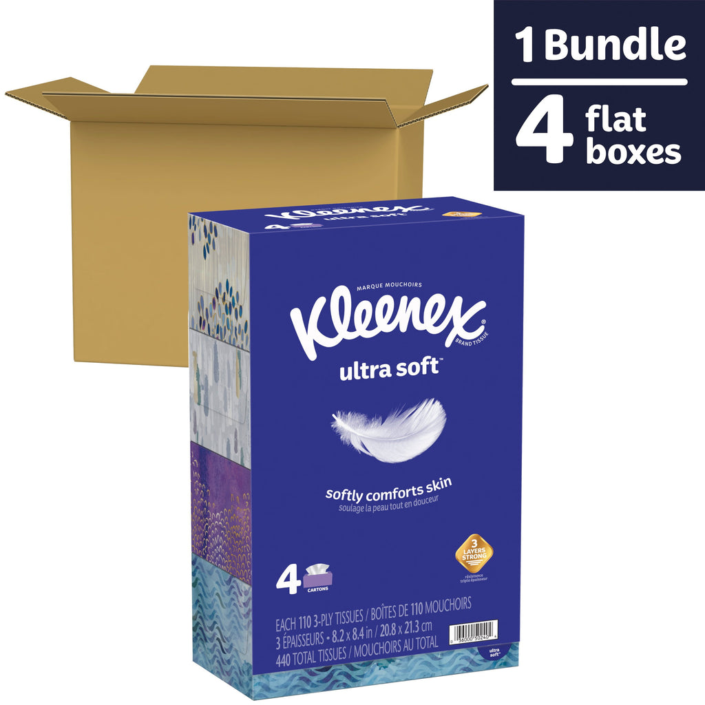 Kleenex Ultra Soft Facial Tissues - 4 Flat Boxes, 110 White Tissues per Box, 3-Ply (440 Total)