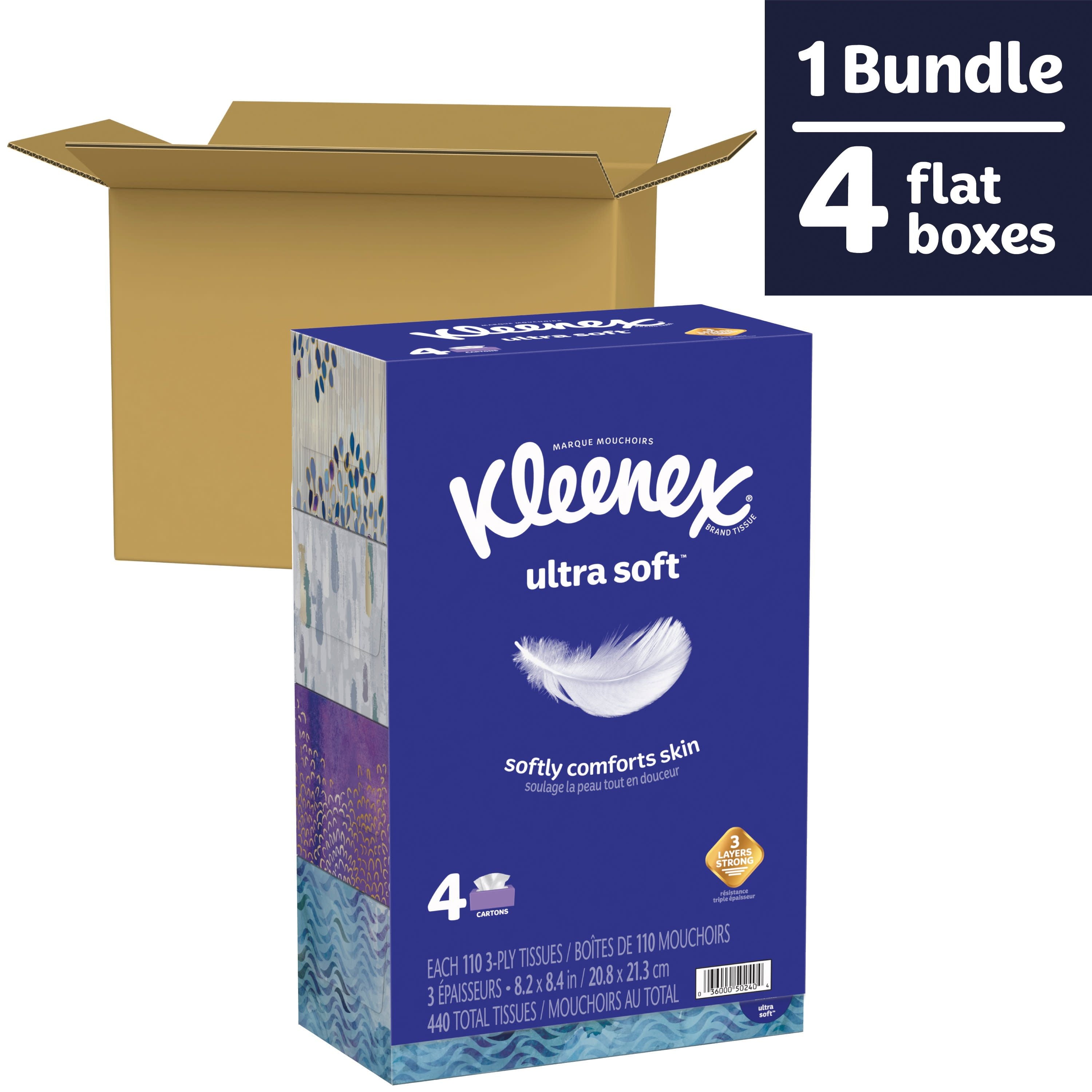Kleenex Ultra Soft Facial Tissues - 4 Flat Boxes, 110 White Tissues per Box, 3-Ply (440 Total)