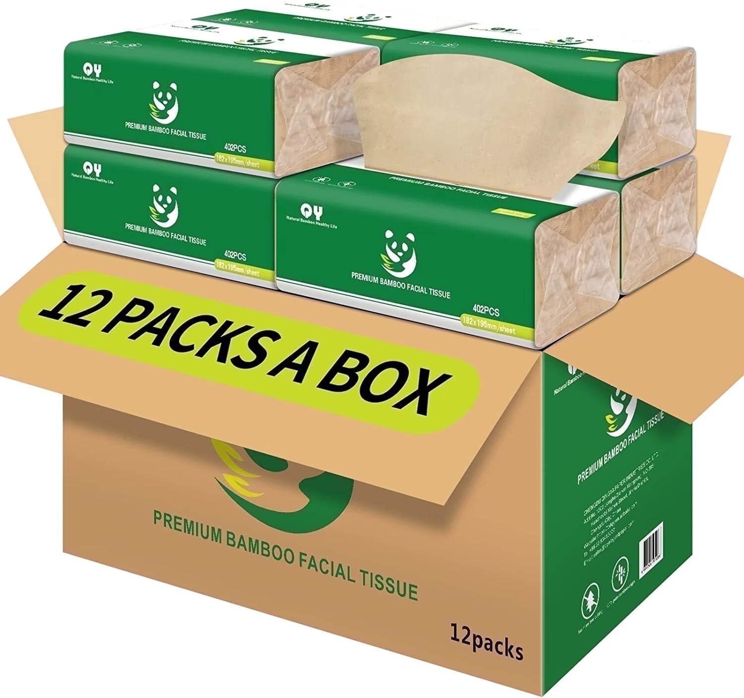 QingYa Bamboo Facial Tissue - 3 Ply Soft Unbleached Facial Paper, 12 Packs, 134 Tissues per Pack