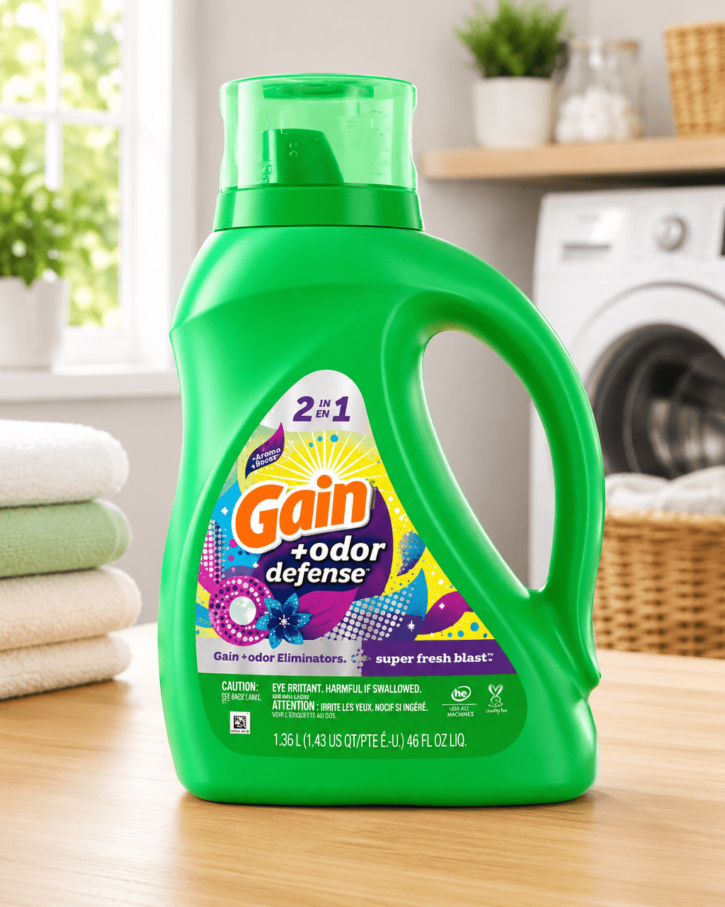 Gain + Odor Defense Liquid Laundry Detergent with Odor Eliminators - Super Fresh Blast Scent, 46 fl oz, 32 Loads