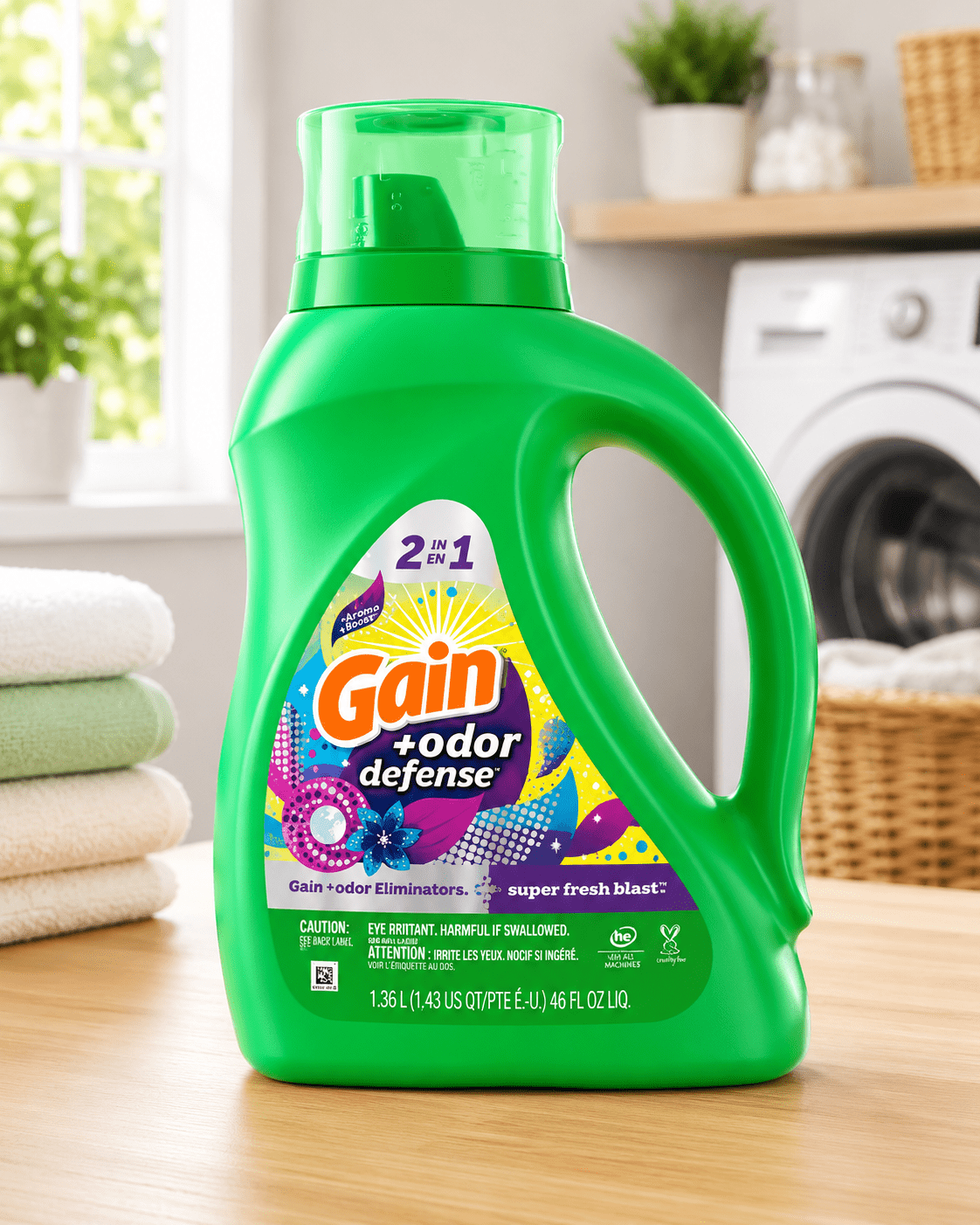 Gain + Odor Defense Liquid Laundry Detergent with Odor Eliminators - Super Fresh Blast Scent, 46 fl oz, 32 Loads