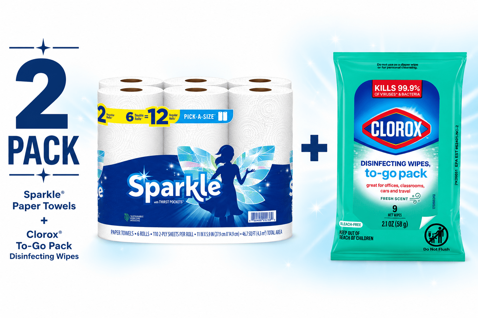 Sparkle Paper Towels 6 Double Rolls + Clorox Disinfecting Wipes To-Go Pack Bundle - 2 Pack Cleaning Essentials Set