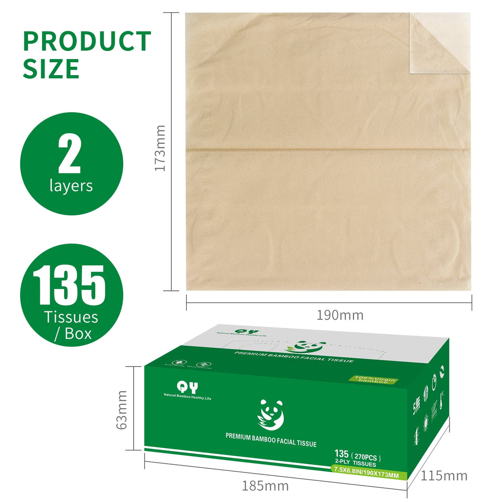 QingYa Premium Bamboo Facial Tissues - 12 Square Boxes, 135 Tissues per Box, Ultra Soft and Unbleached