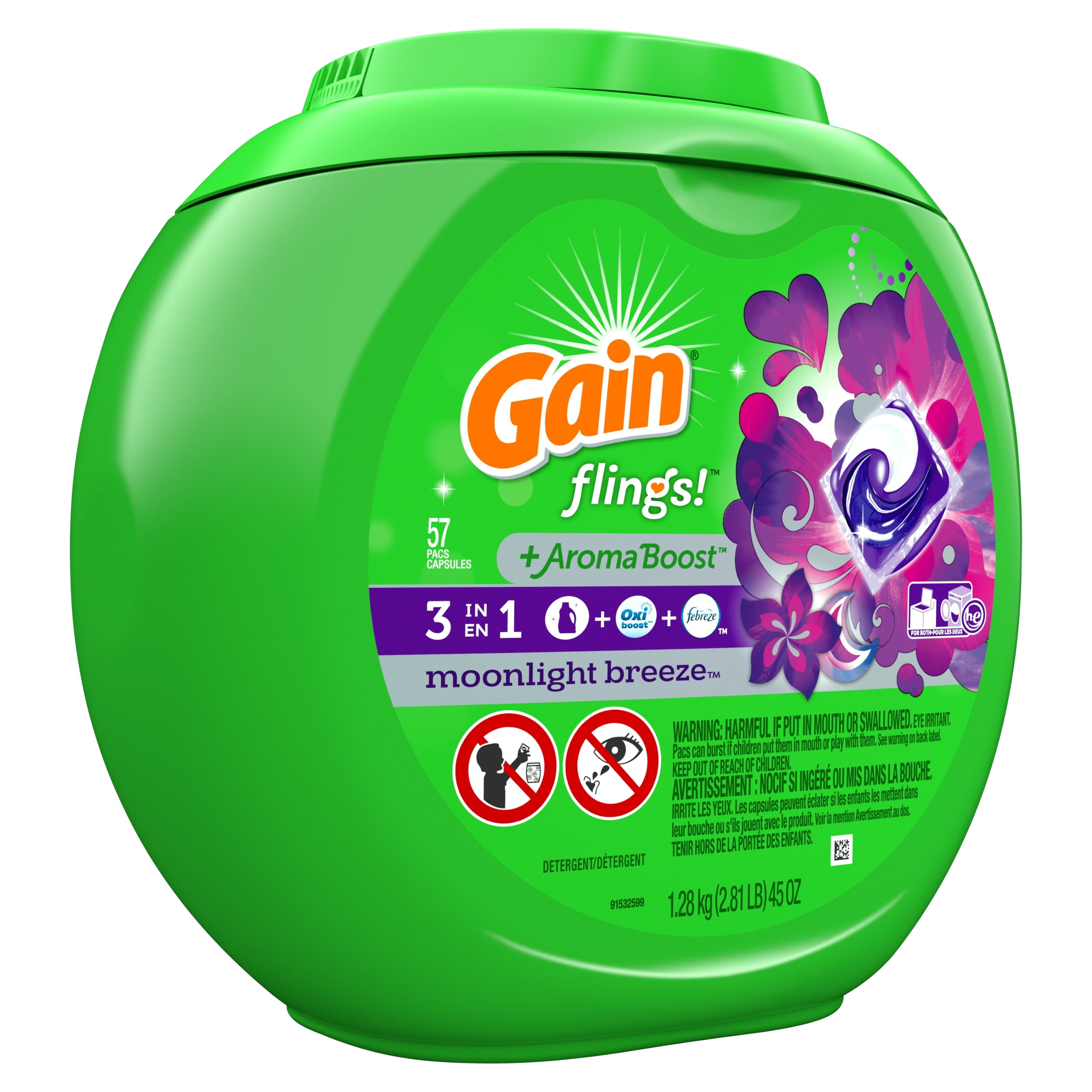Gain flings! plus Aroma Boost Laundry Detergent Pacs - Moonlight Breeze, 57 Count