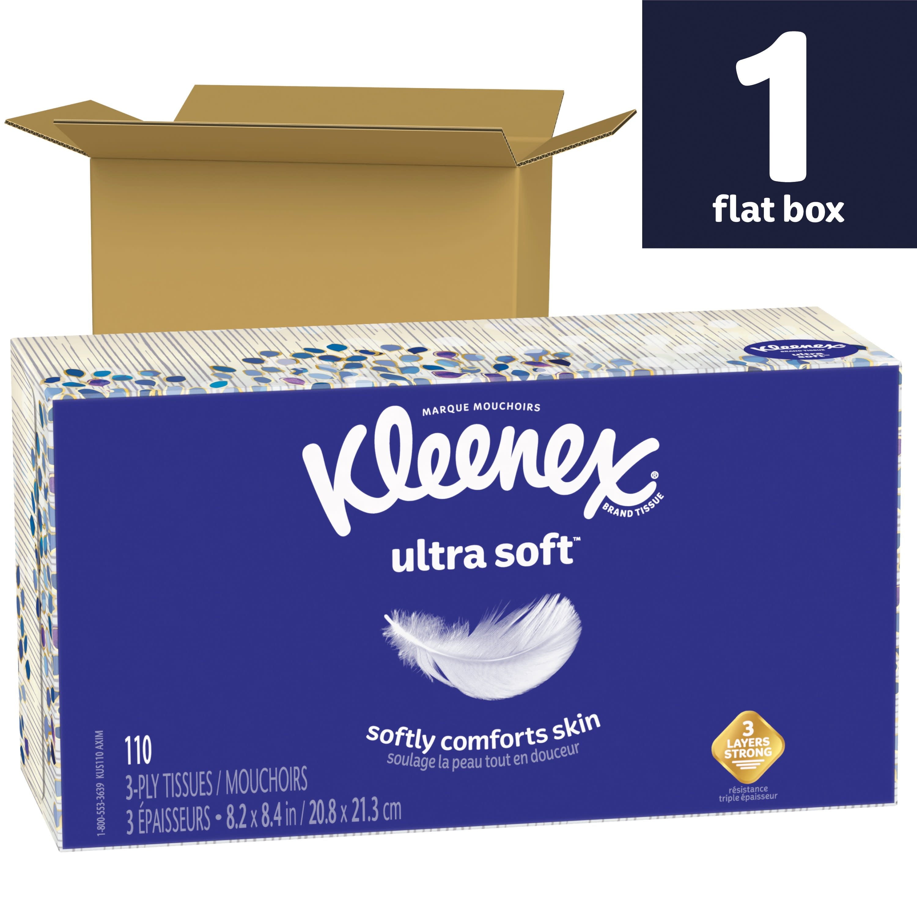 Kleenex Ultra Soft Facial Tissues - 1 Flat Box, 110 White Tissues per Box, 3-Ply (110 Total)