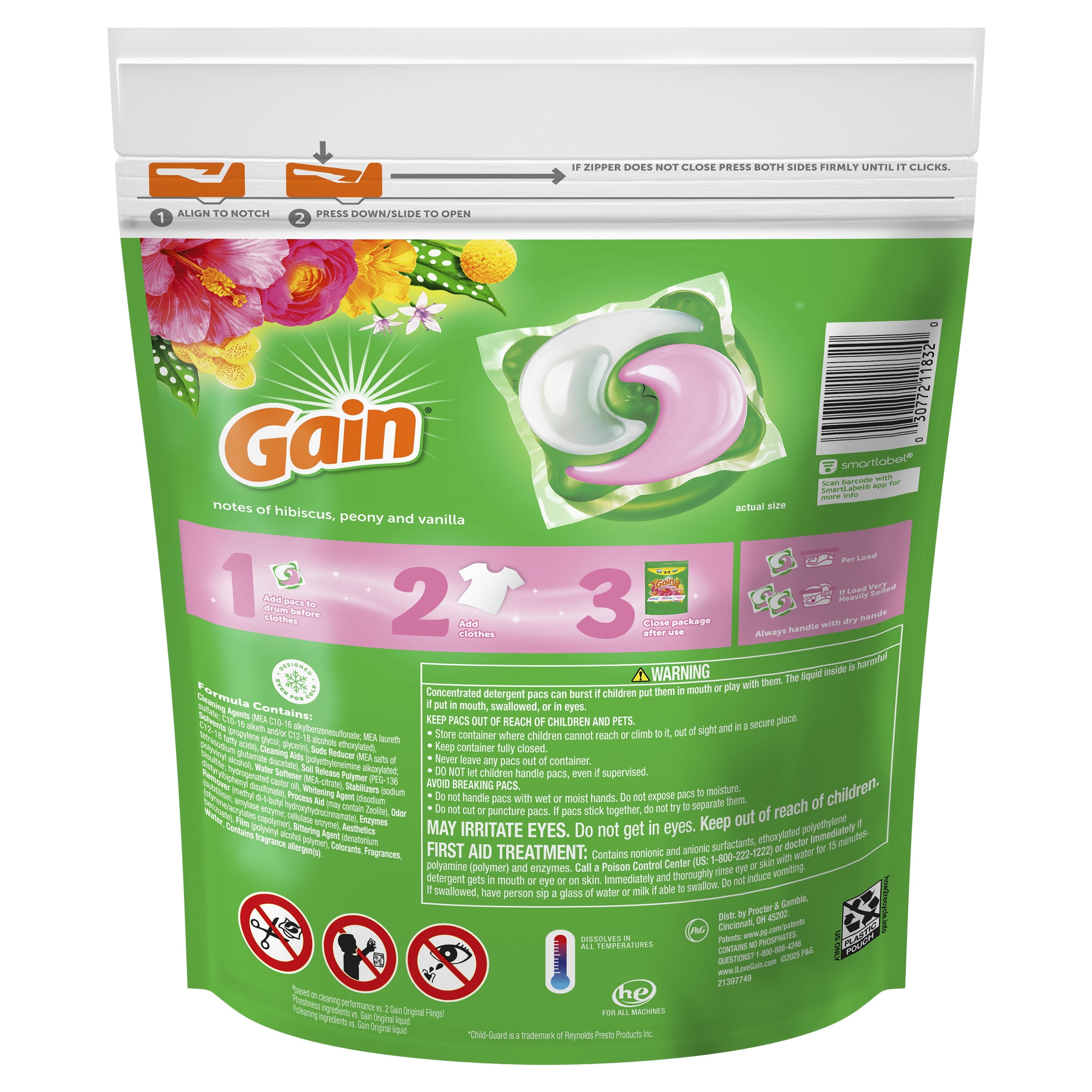 Gain Plus Flings Laundry Detergent Soap Pacs - All-In-One, Happy Hibiscus Scent, 18 Count