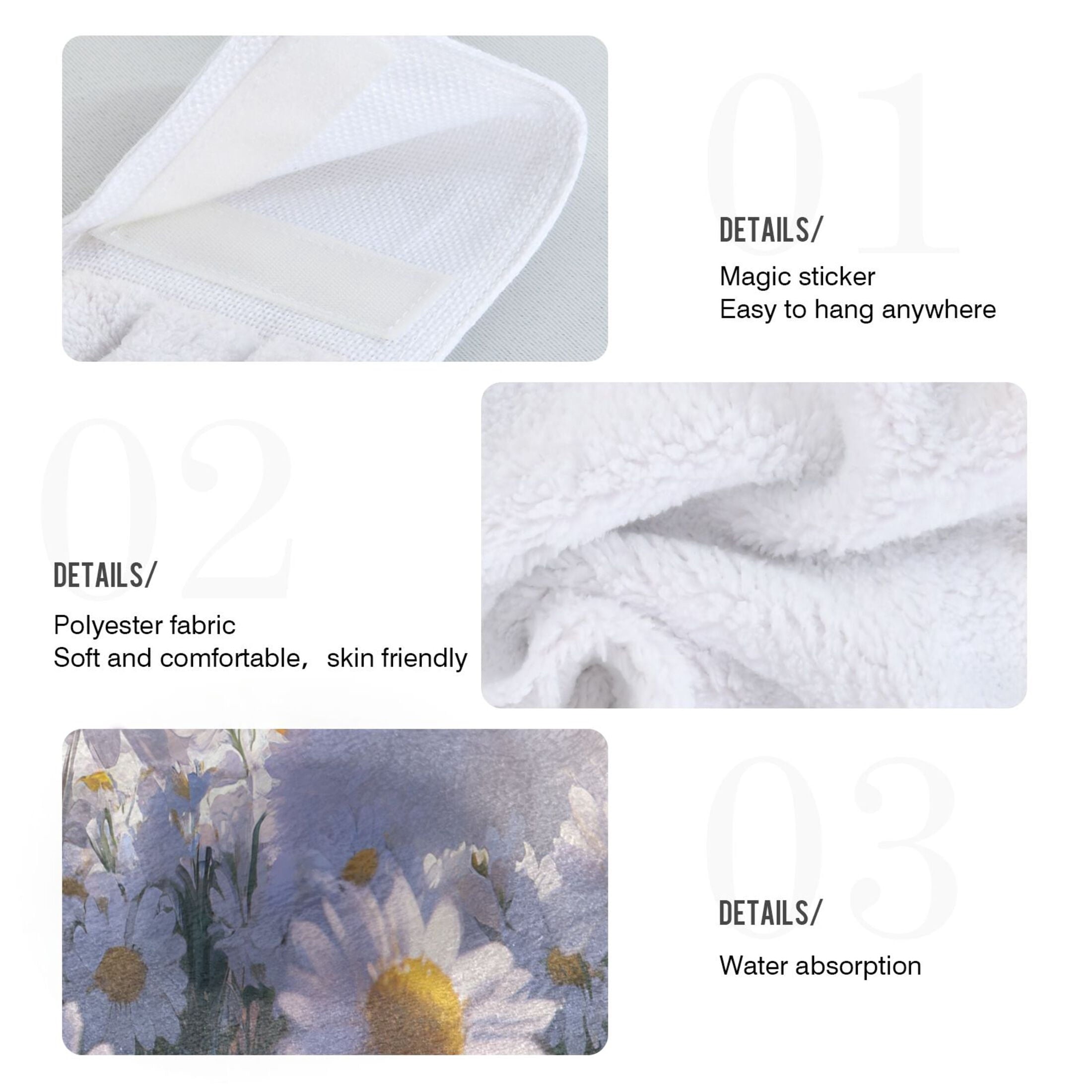 BZSMCE Hanging Hand Towels Fashion Cat Among Daisies and Clouds Pattern 2-Pack - Velcro Style Bathroom Kitchen Towels