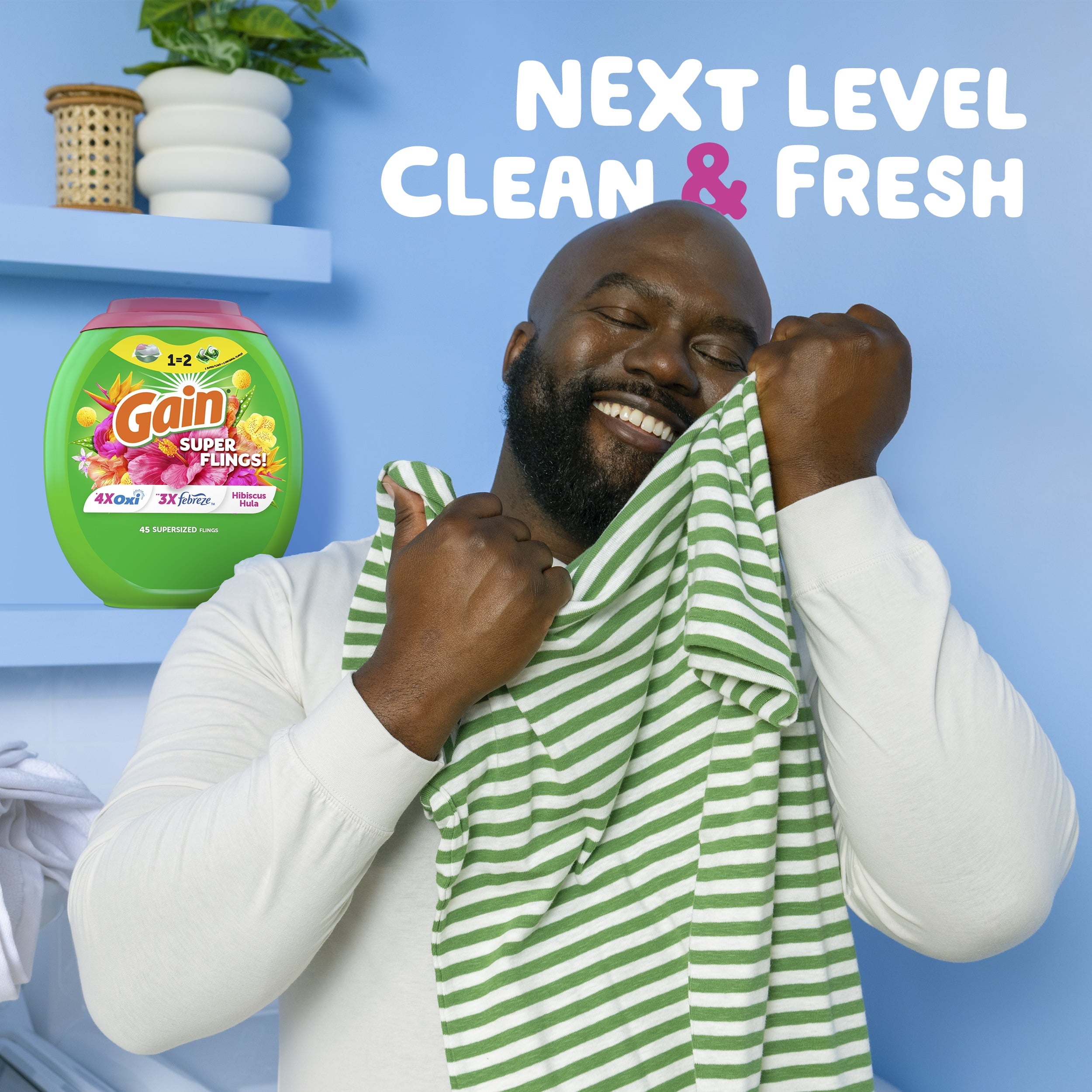 Gain Plus Flings Laundry Detergent Soap Pacs - All-In-One, Happy Hibiscus Scent, 18 Count