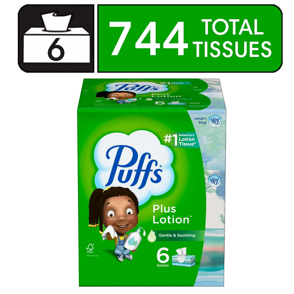 Pack of 2 Puffs Plus Lotion Facial Tissue - 6 Family Size Boxes, 124 Tissues per Box