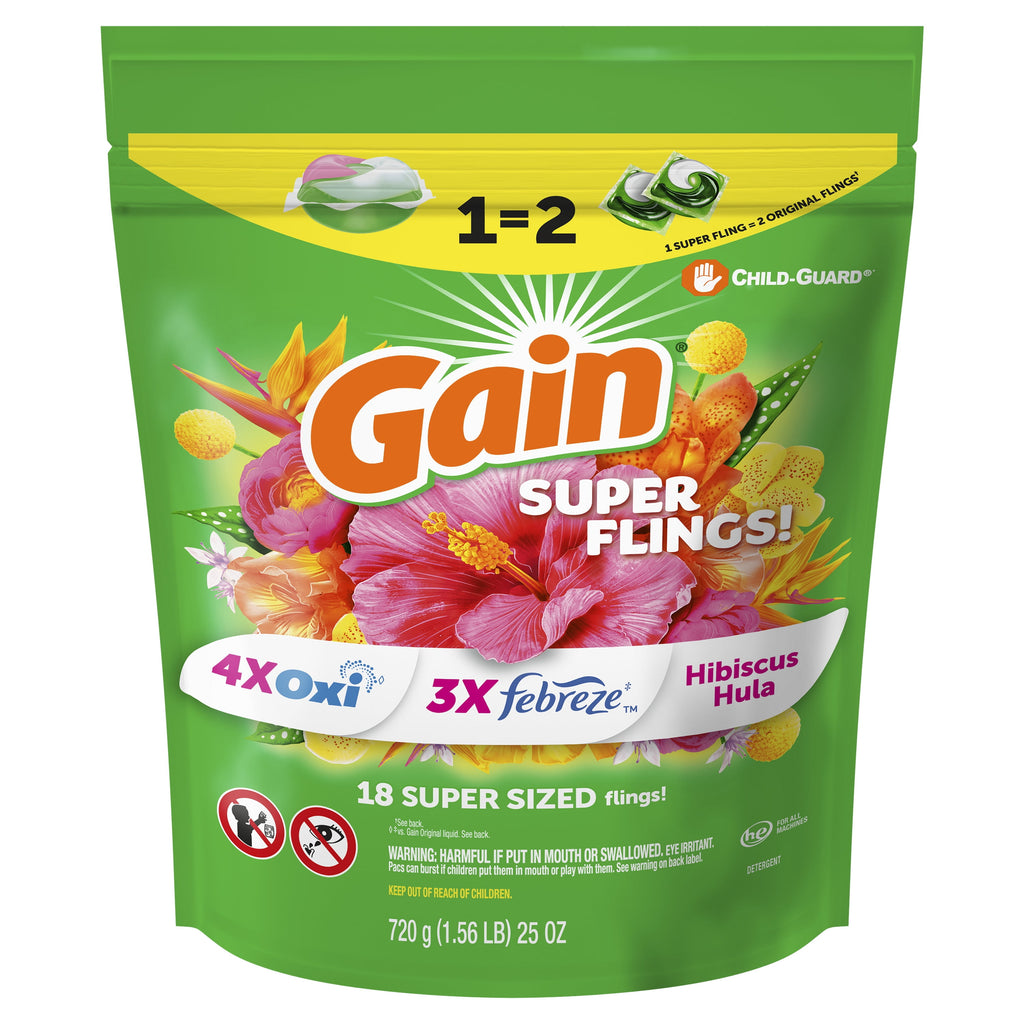 Gain Plus Flings Laundry Detergent Soap Pacs - All-In-One, Happy Hibiscus Scent, 18 Count