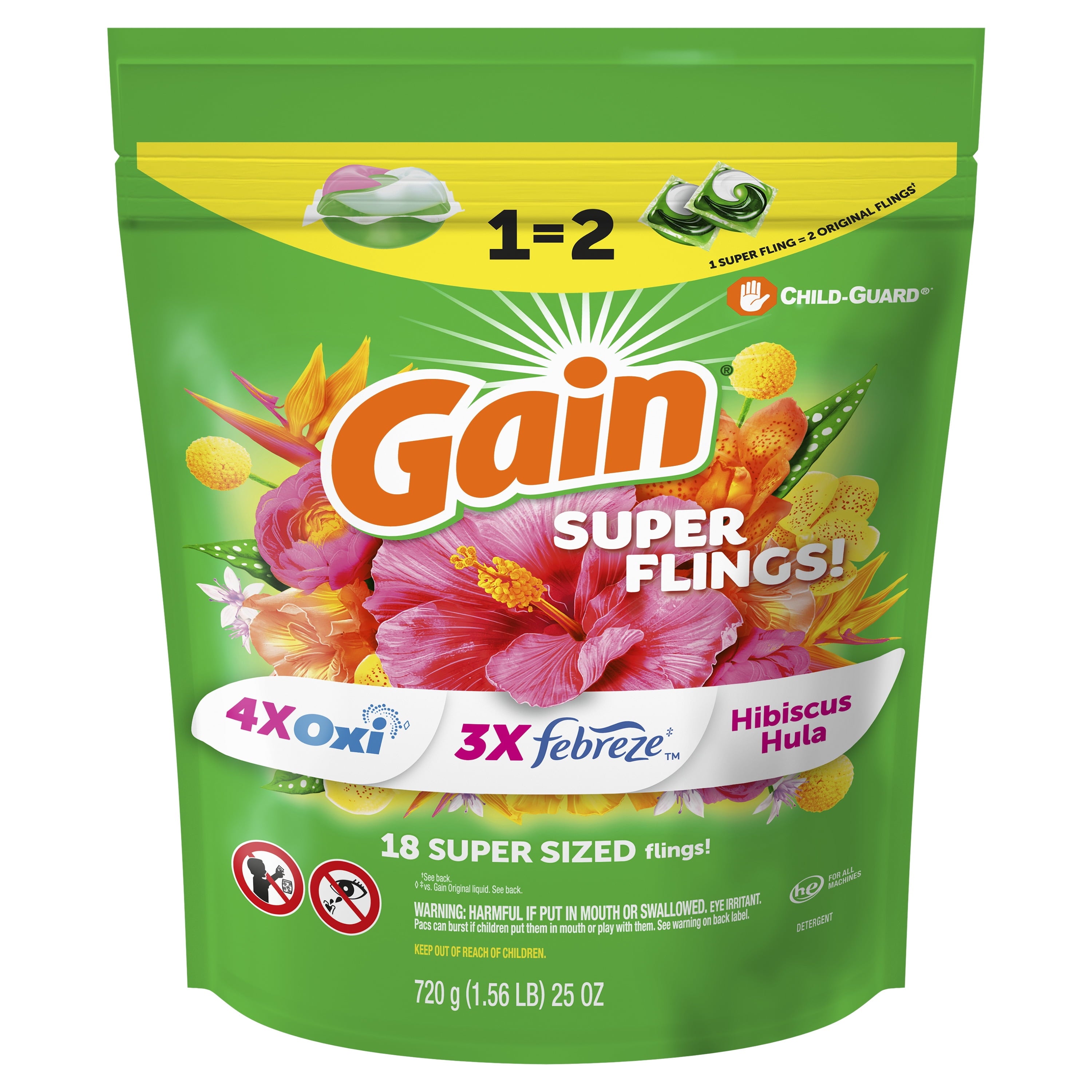 Gain Plus Flings Laundry Detergent Soap Pacs - All-In-One, Happy Hibiscus Scent, 18 Count